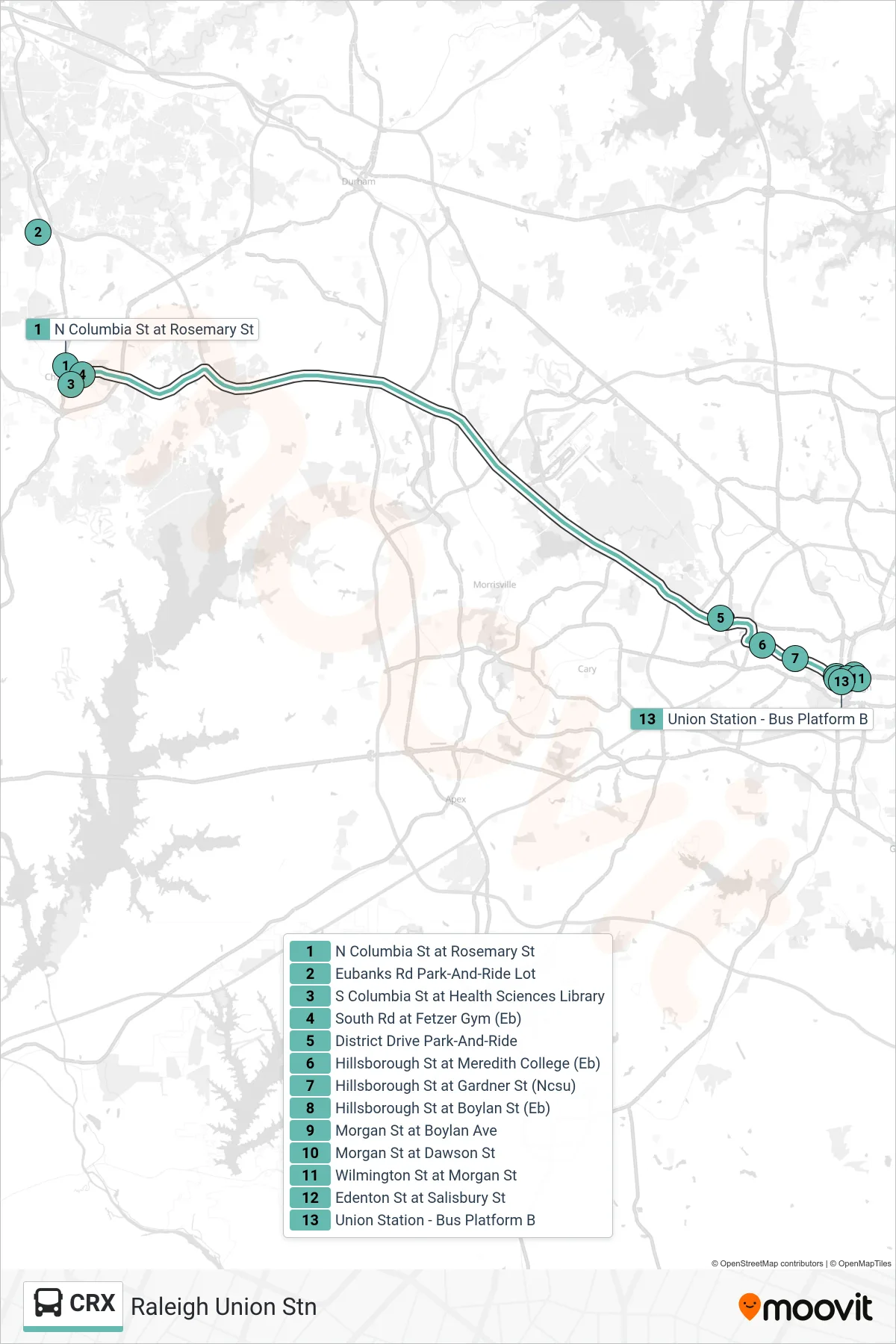CRX bus Line (Raleigh Union Stn) route and stops on a map