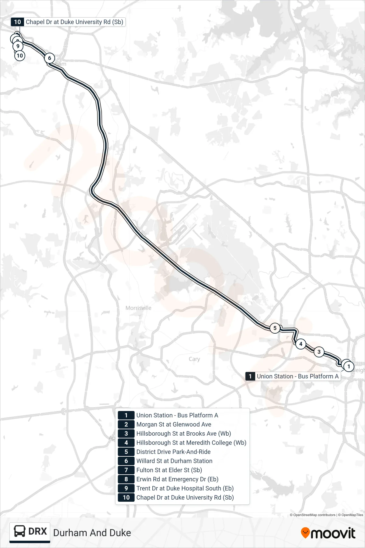 DRX bus Line (Durham And Duke) route and stops on a map