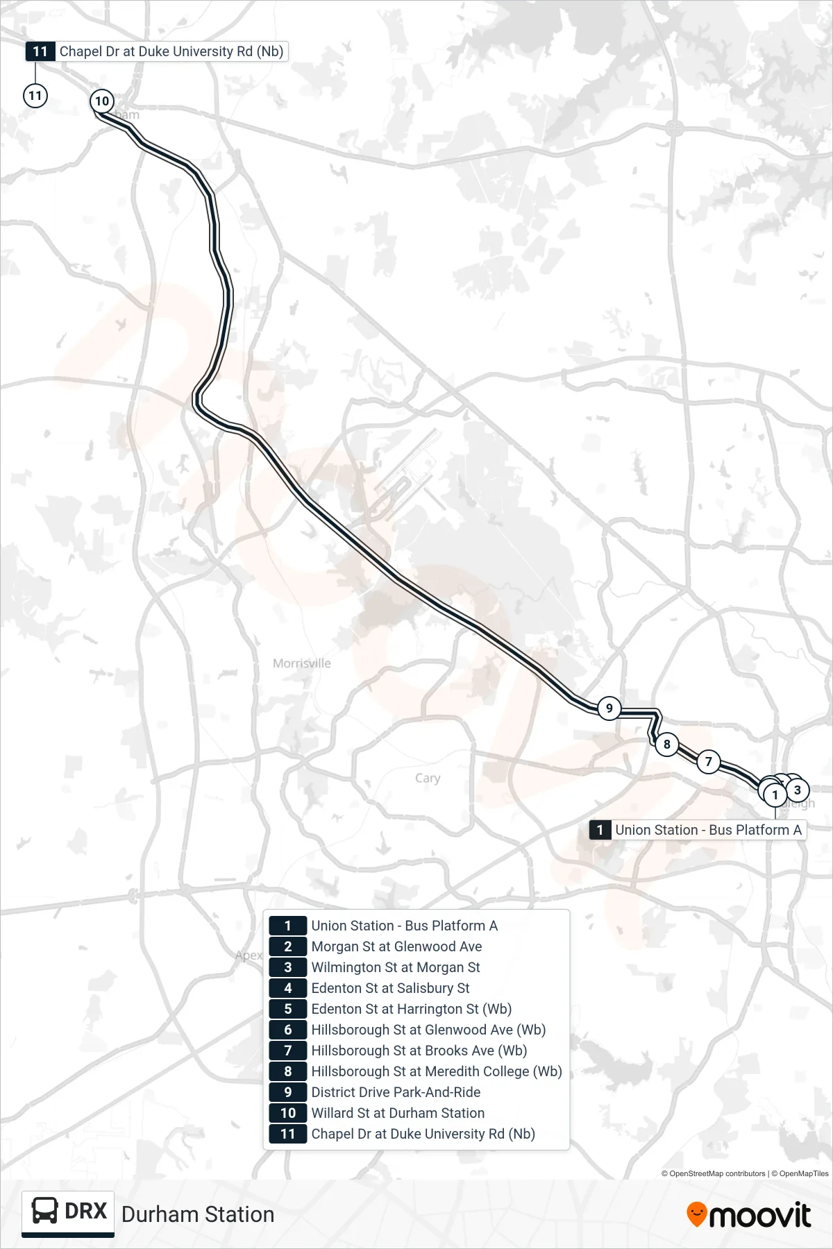 DRX bus Line (Durham Station) route and stops on a map