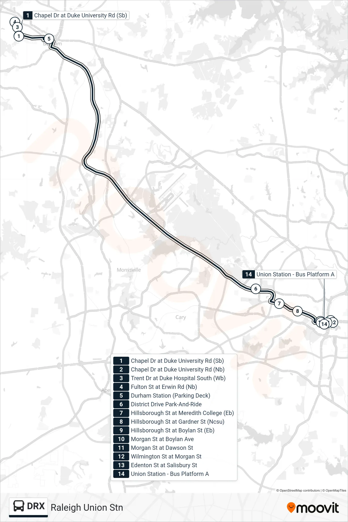 DRX bus Line (Raleigh Union Stn) route and stops on a map