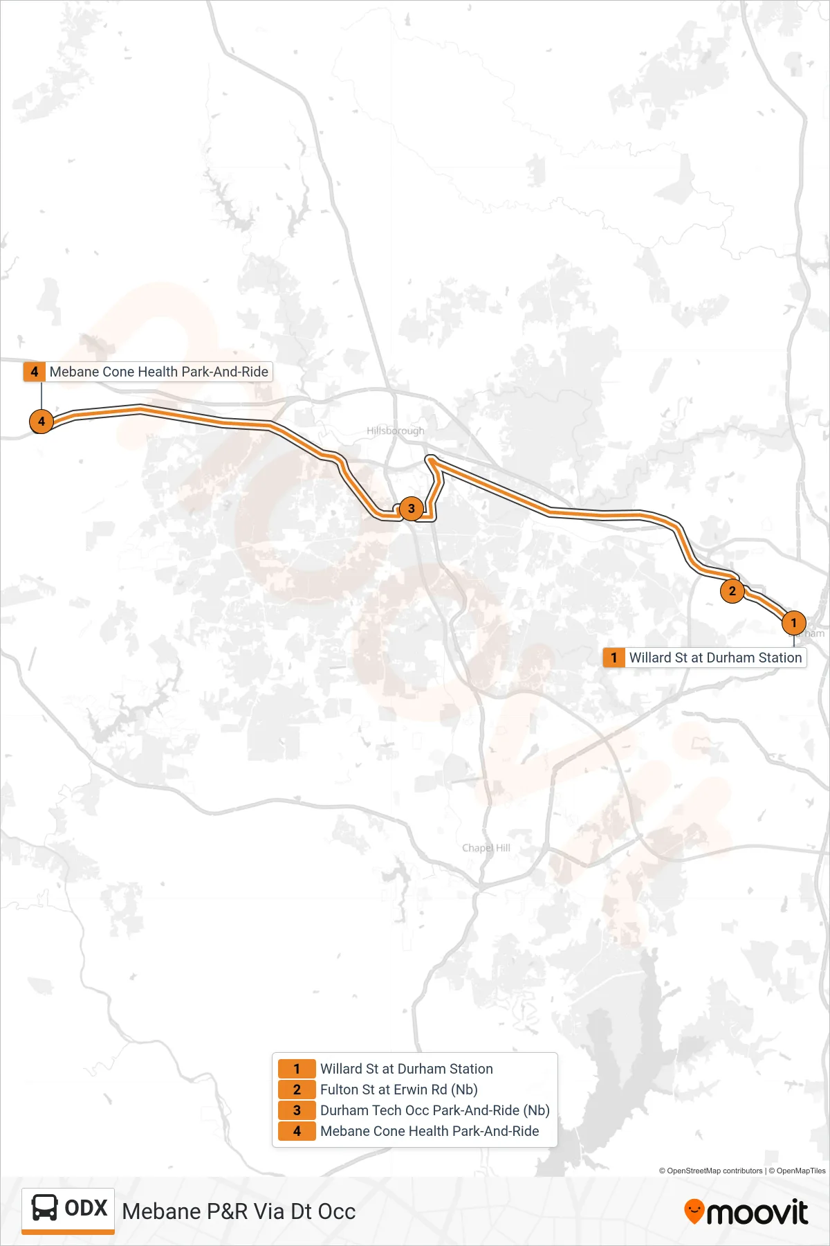 ODX bus Line (Mebane P&R Via Dt Occ) route and stops on a map