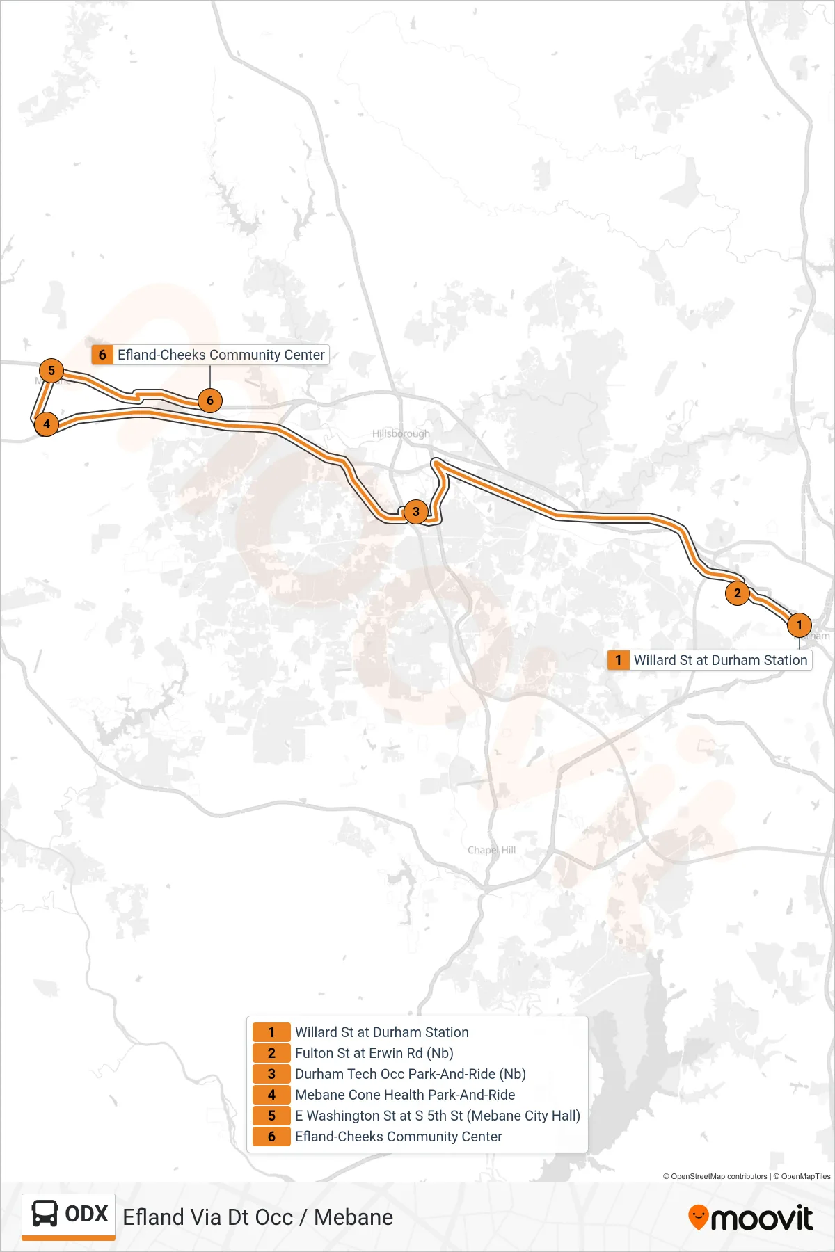 ODX bus Line (Efland Via Dt Occ / Mebane) route and stops on a map