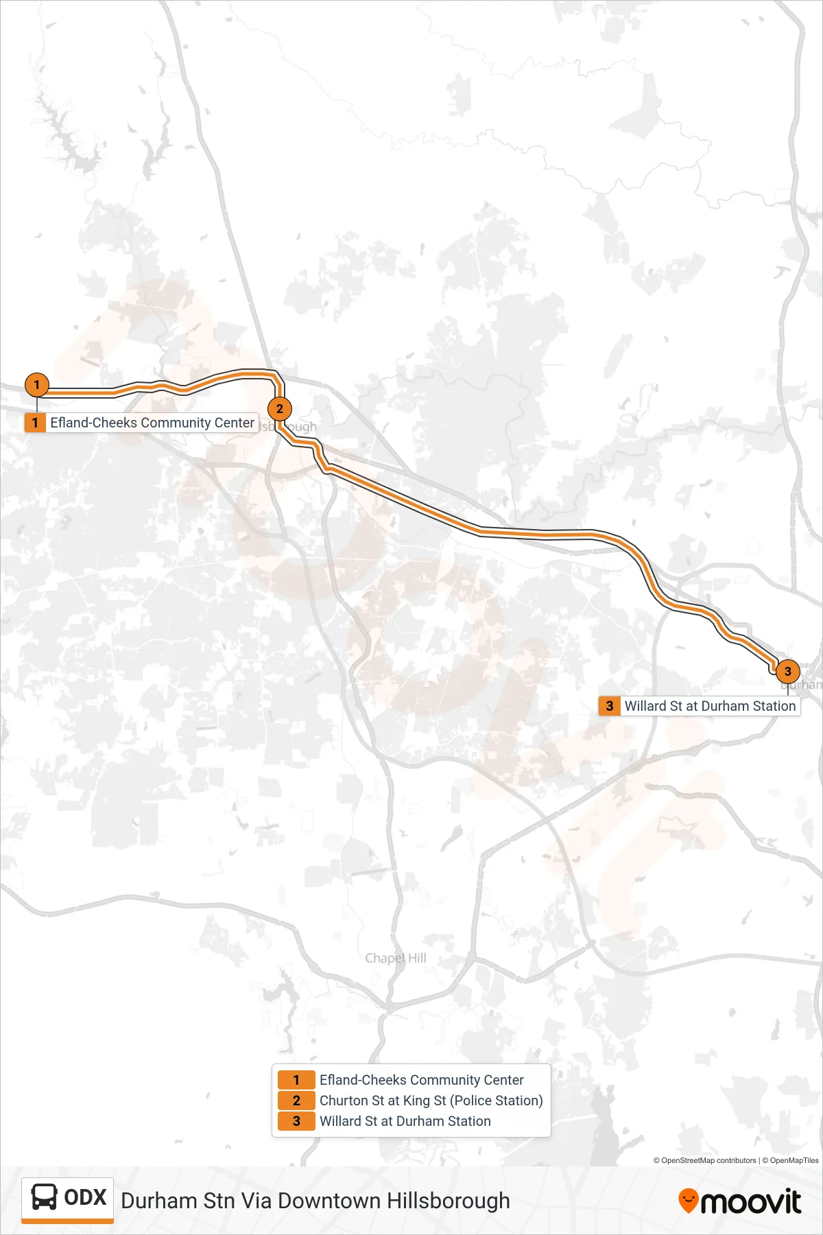 ODX bus Line (Durham Stn Via Downtown Hillsborough) route and stops on a map