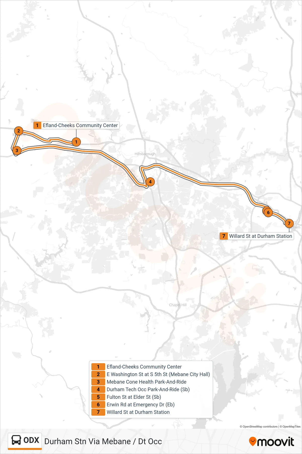 ODX bus Line (Durham Stn Via Mebane / Dt Occ) route and stops on a map