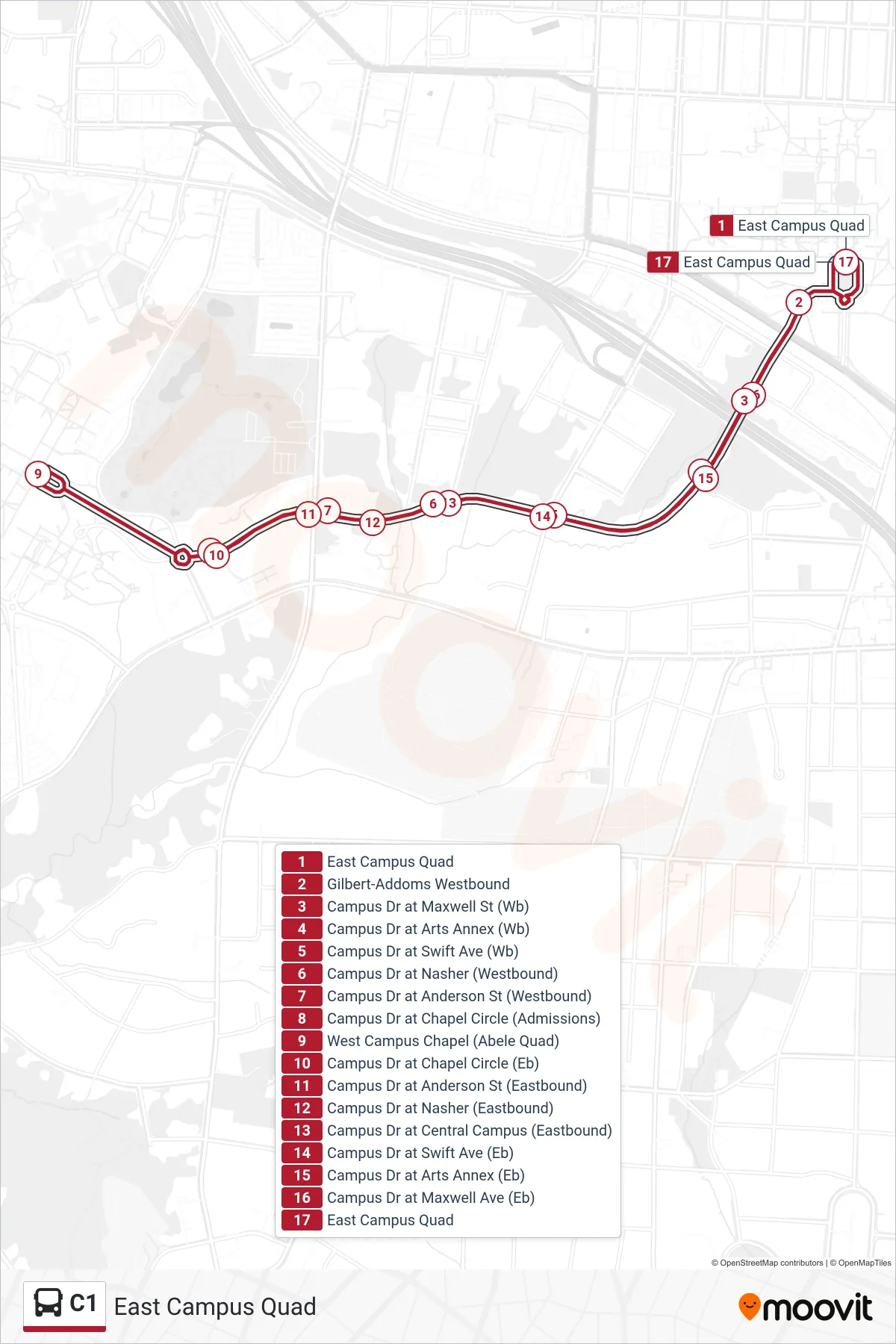 C1 bus Line (East Campus Quad) route and stops on a map