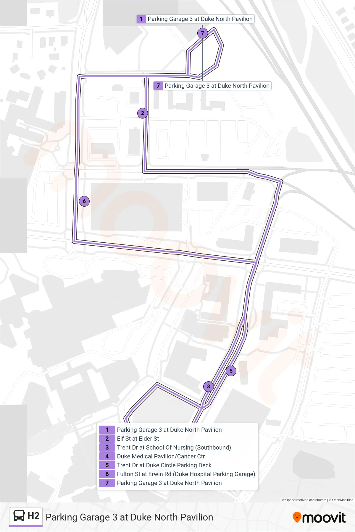 H2 bus Line (Parking Garage 3 at Duke North Pavilion) route and stops on a map