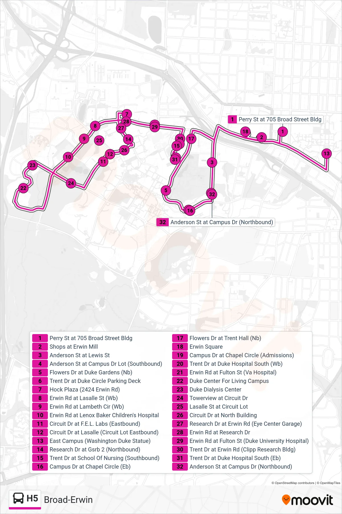 H5 bus Line (East Campus (Washington Duke Statue)) route and stops on a map