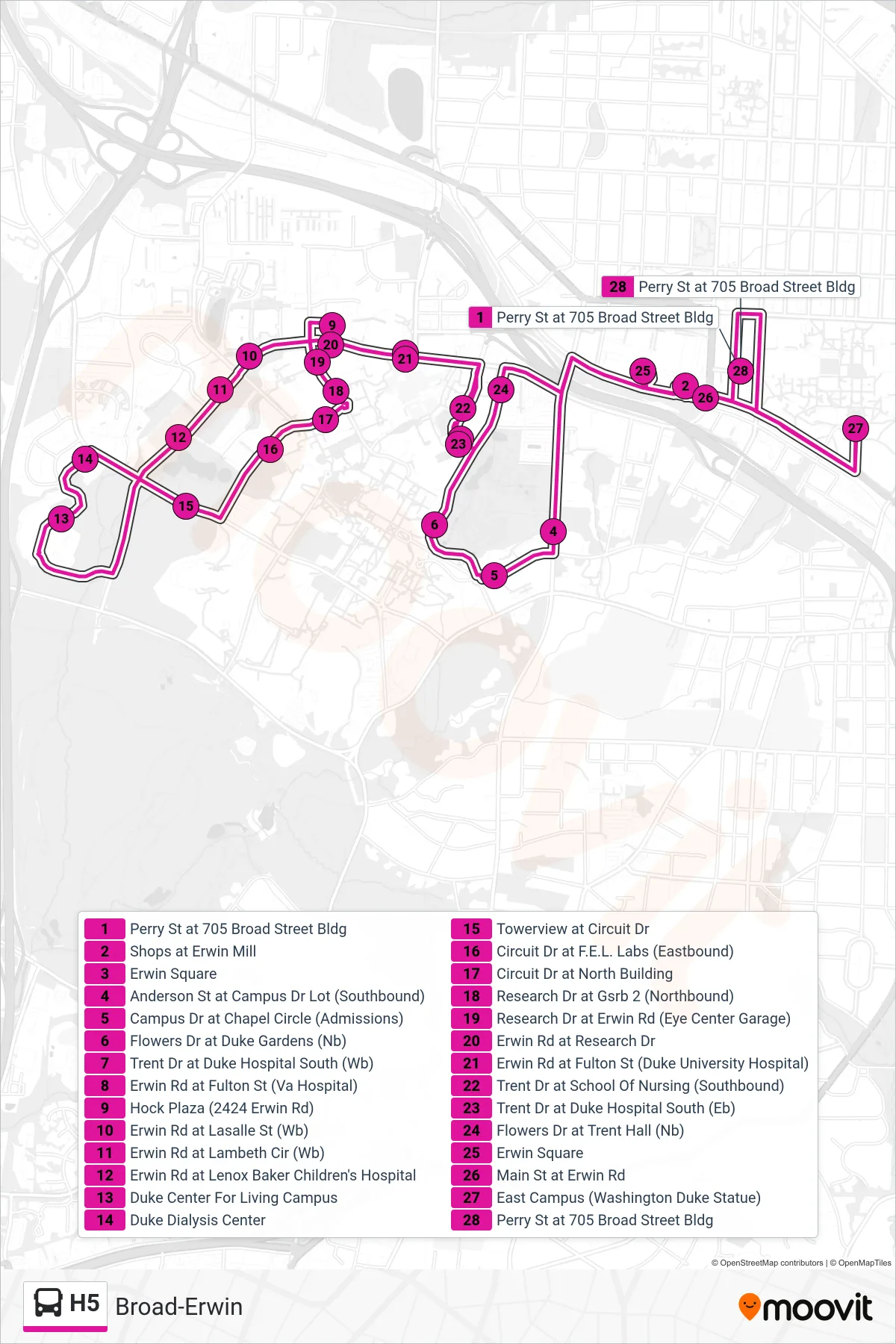 H5 bus Line (Perry St at 705 Broad Street Bldg) route and stops on a map