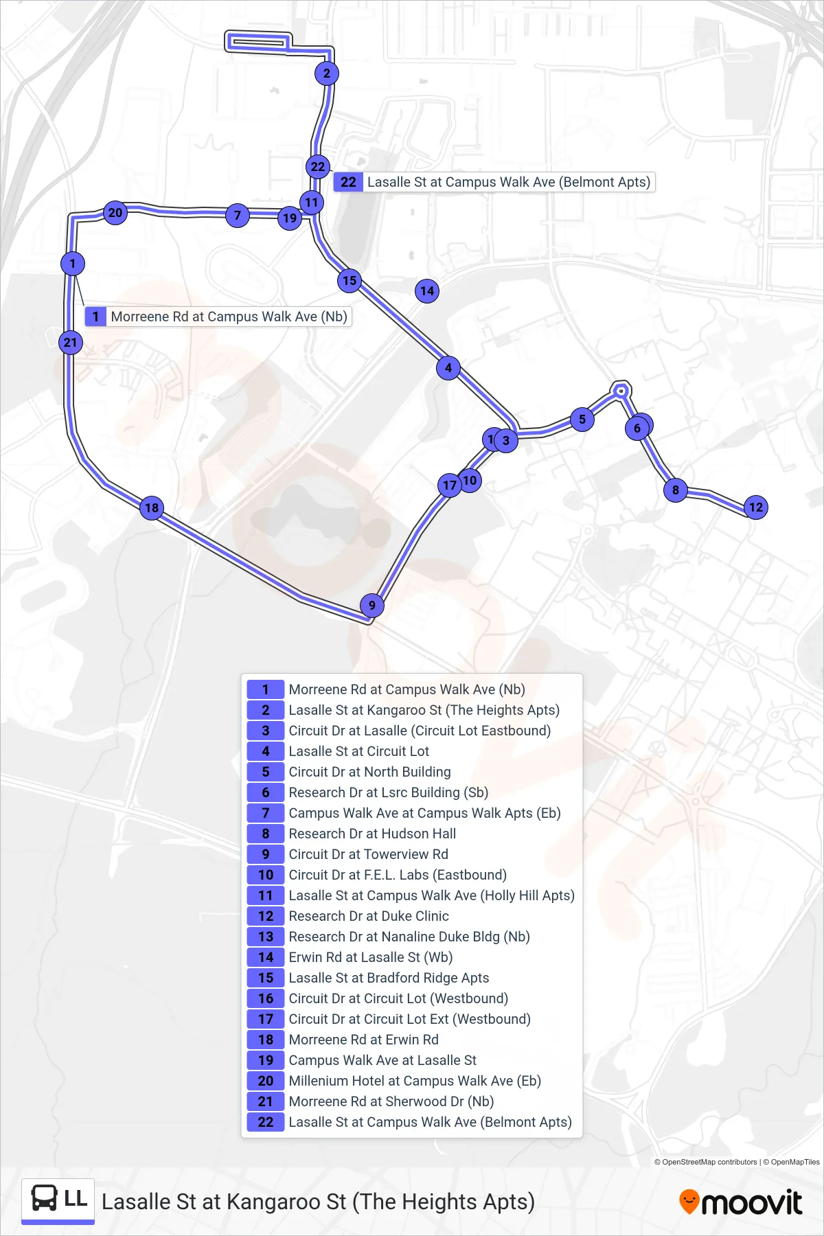 LL bus Line (Lasalle St at Kangaroo St (The Heights Apts)) route and stops on a map