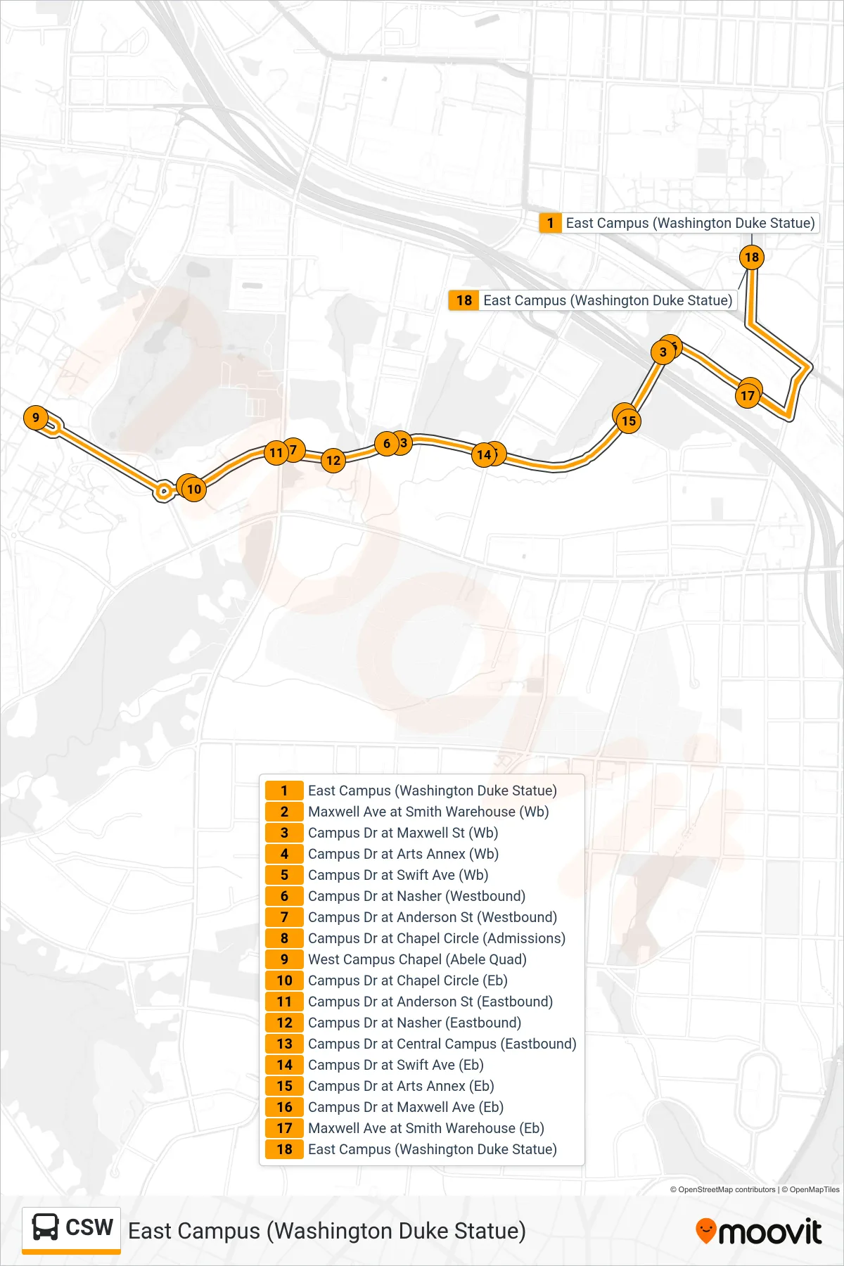 CSW bus Line (East Campus (Washington Duke Statue)) route and stops on a map