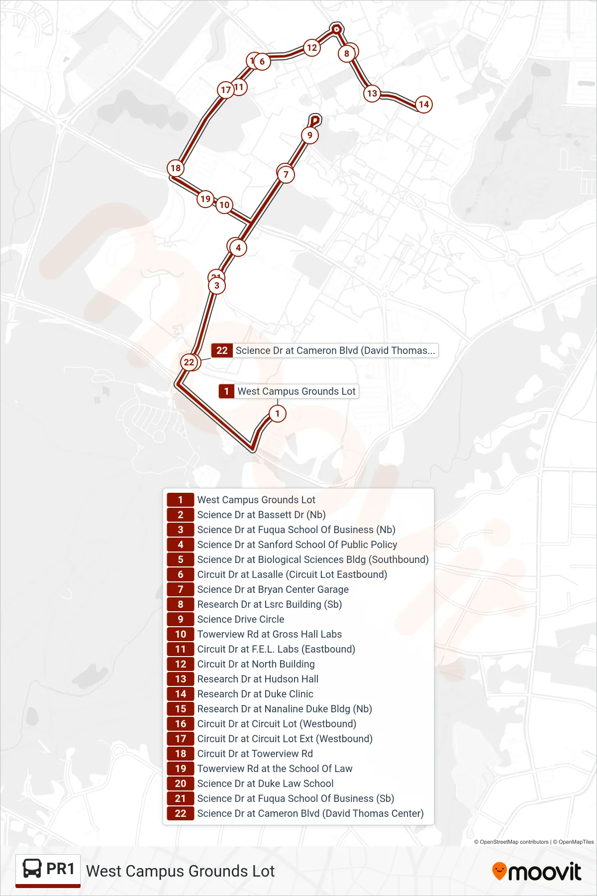PR1 bus Line (West Campus Grounds Lot) route and stops on a map