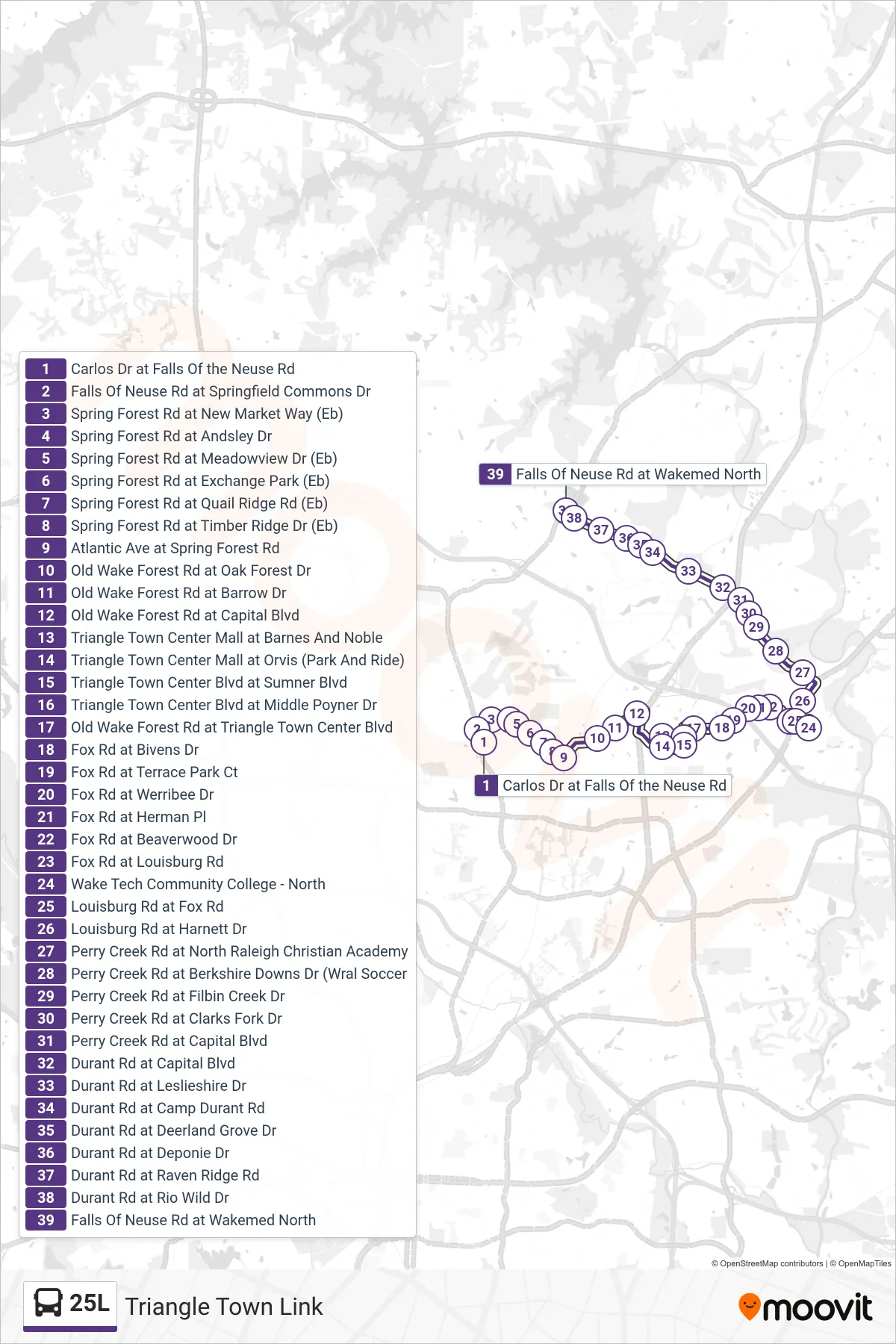 25L bus Line (Carlos Dr at Falls Of the Neuse Rd→Falls Of Neuse Rd at Wakemed North) route and stops on a map