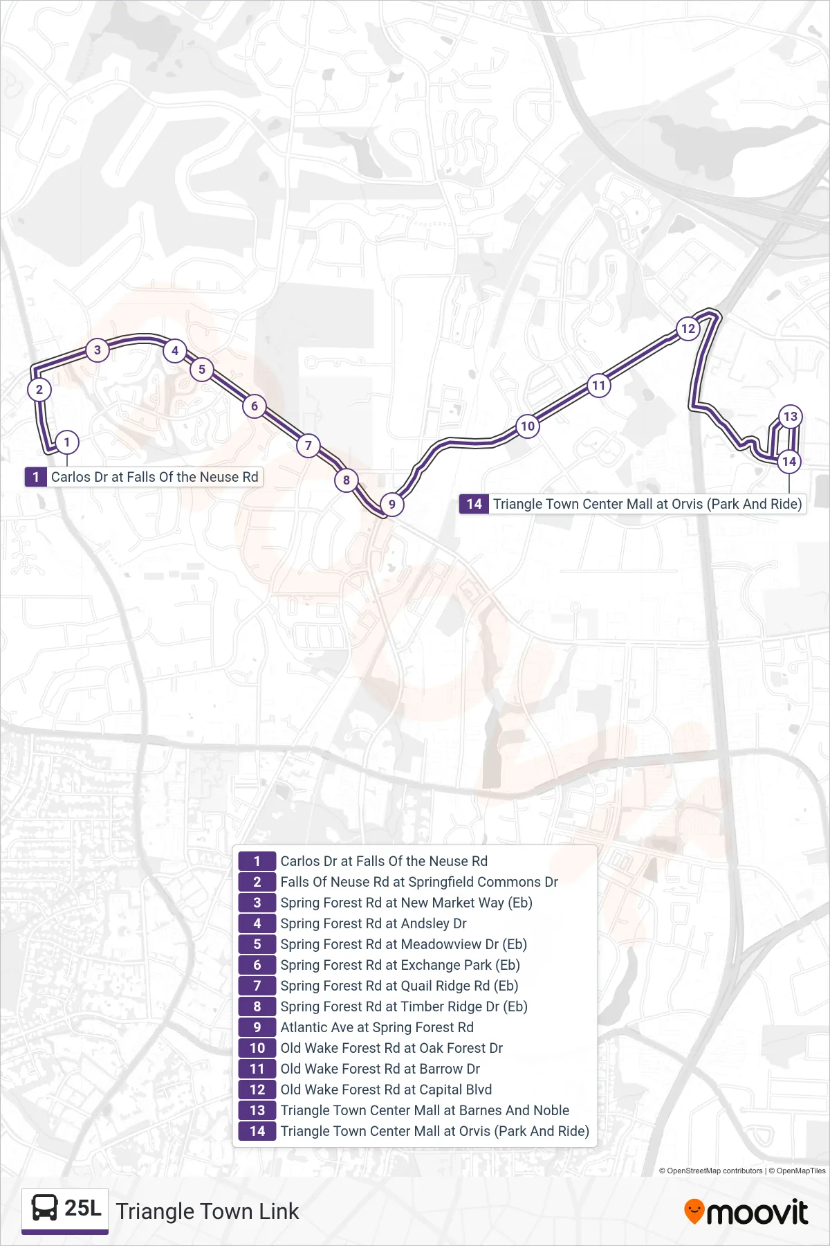 25L bus Line (Carlos Dr at Falls Of the Neuse Rd→Triangle Town Center Mall at Orvis (Park And Ride)) route and stops on a map