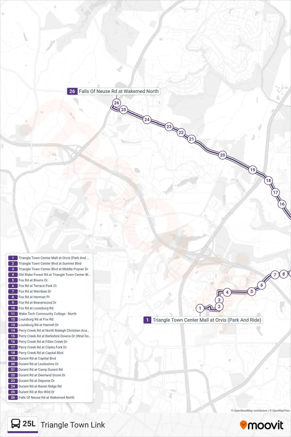 25L bus Line (Triangle Town Center Mall at Orvis (Park And Ride)→Falls Of Neuse Rd at Wakemed North) route and stops on a map