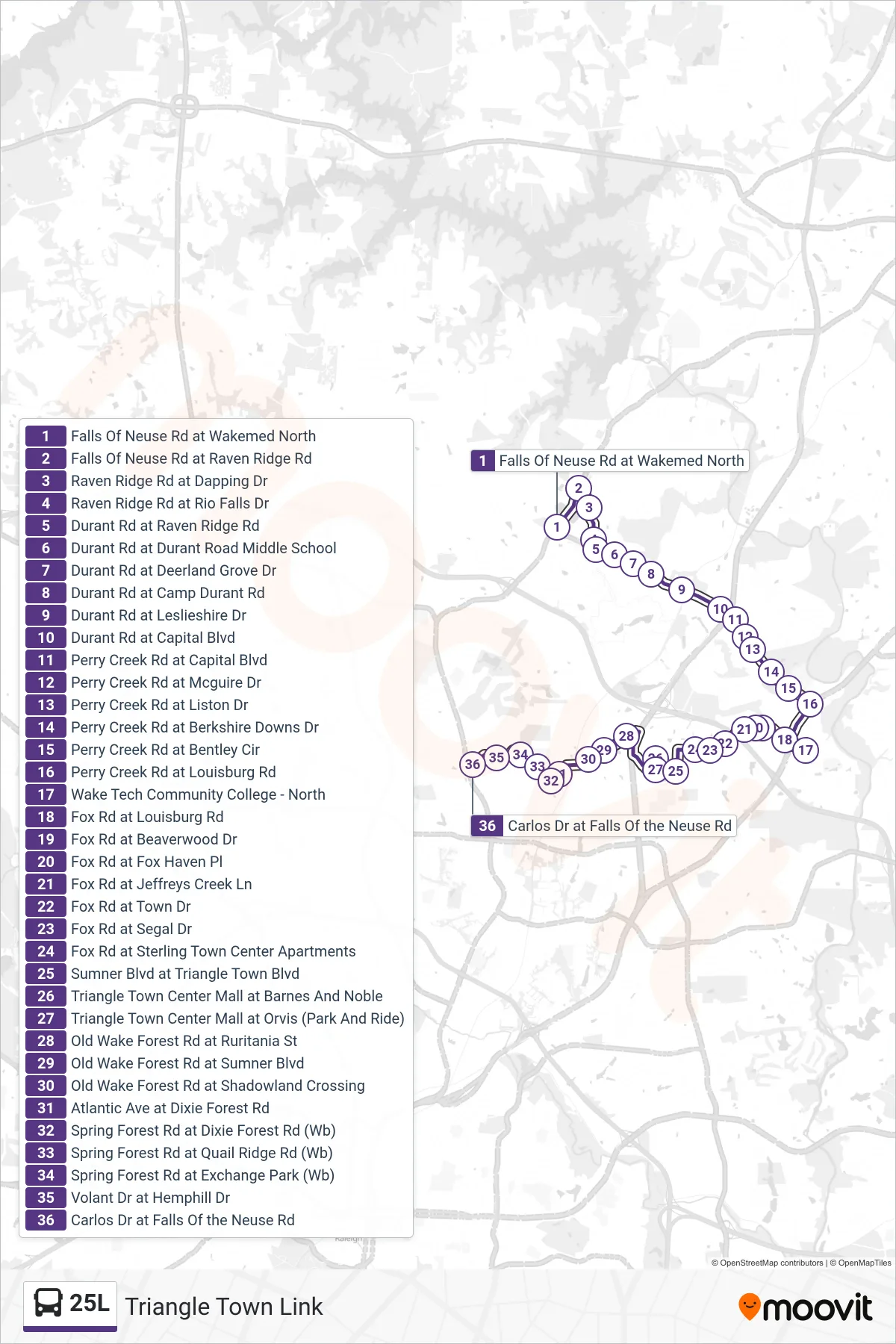 25L bus Line (Falls Of Neuse Rd at Wakemed North→Carlos Dr at Falls Of the Neuse Rd) route and stops on a map