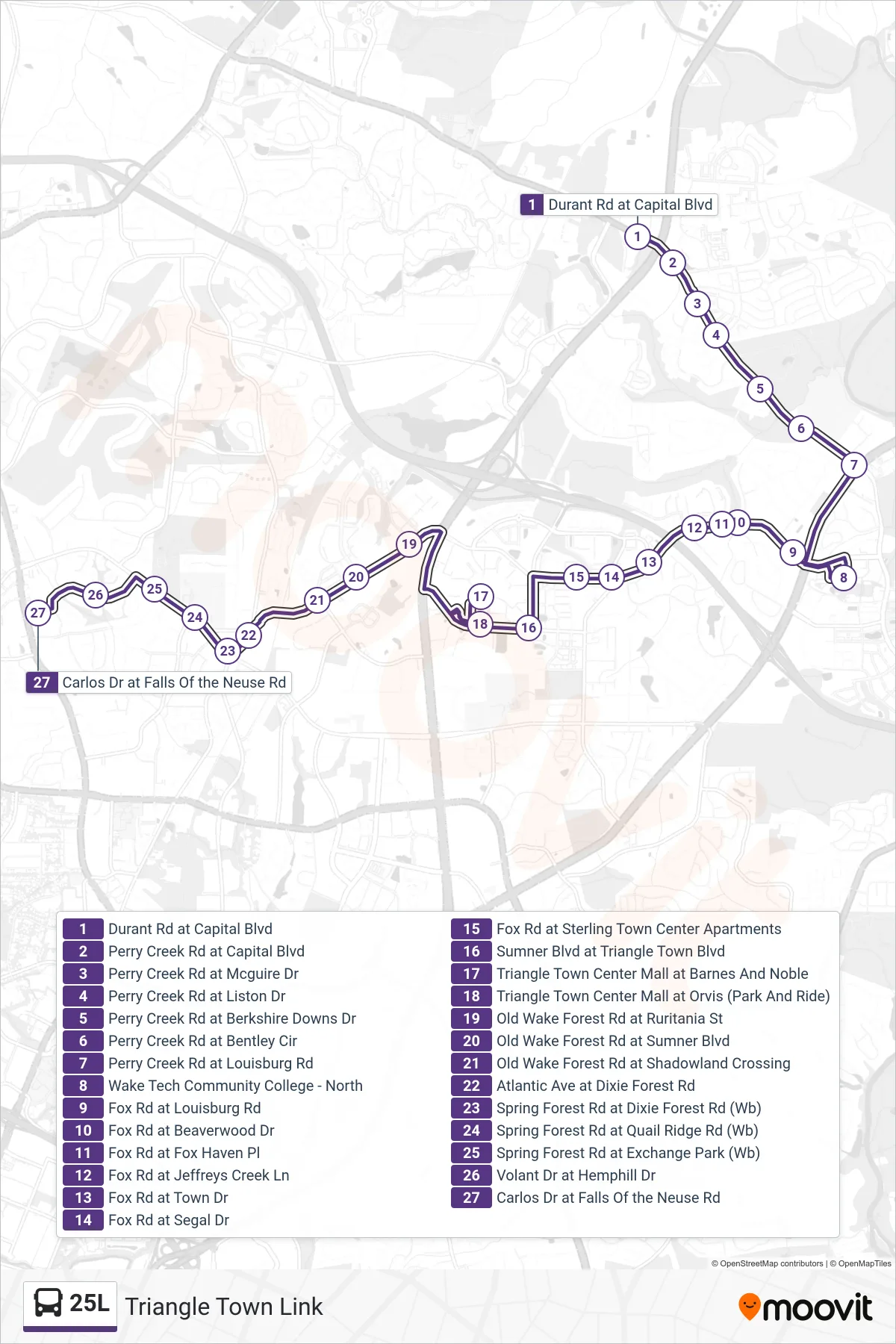 25L bus Line (Durant Rd at Capital Blvd→Carlos Dr at Falls Of the Neuse Rd) route and stops on a map
