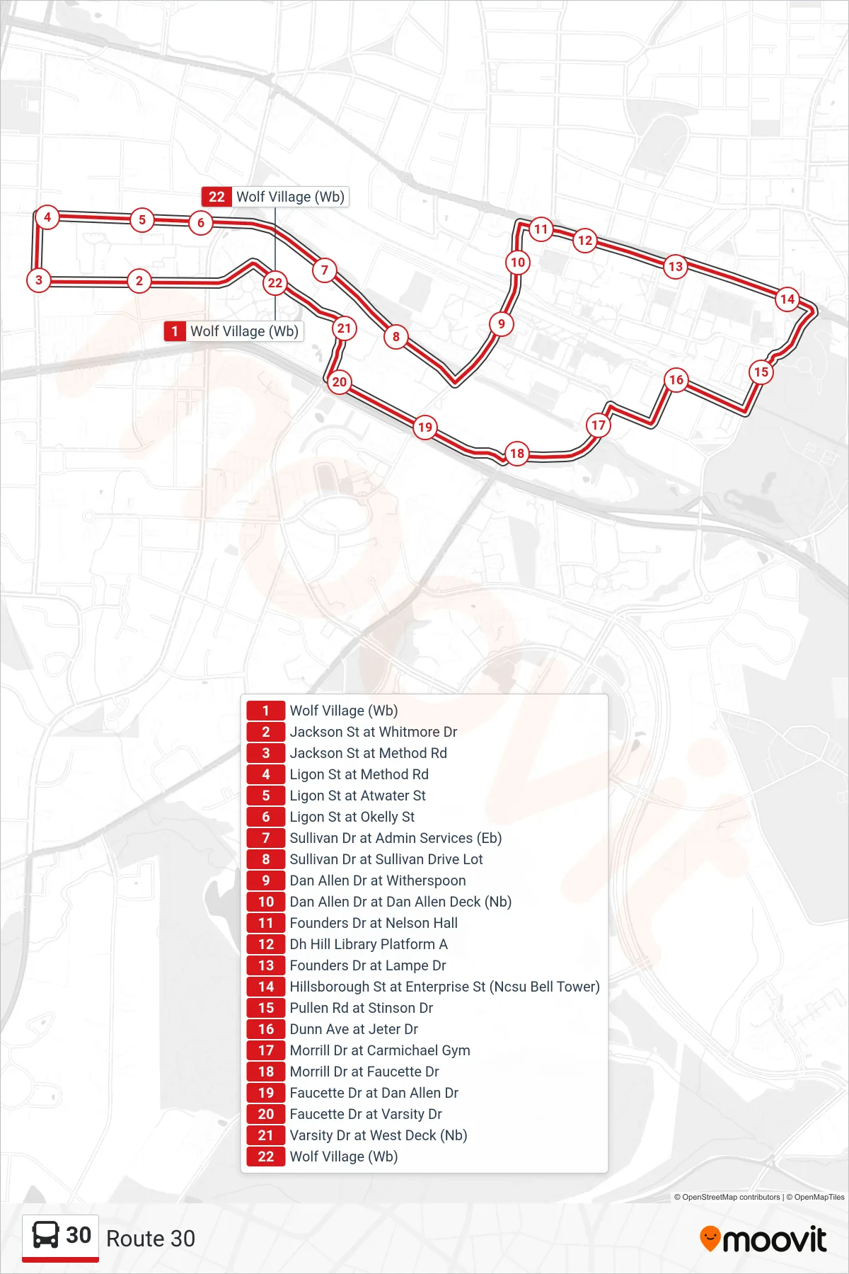 30 bus Line (Route 30) route and stops on a map
