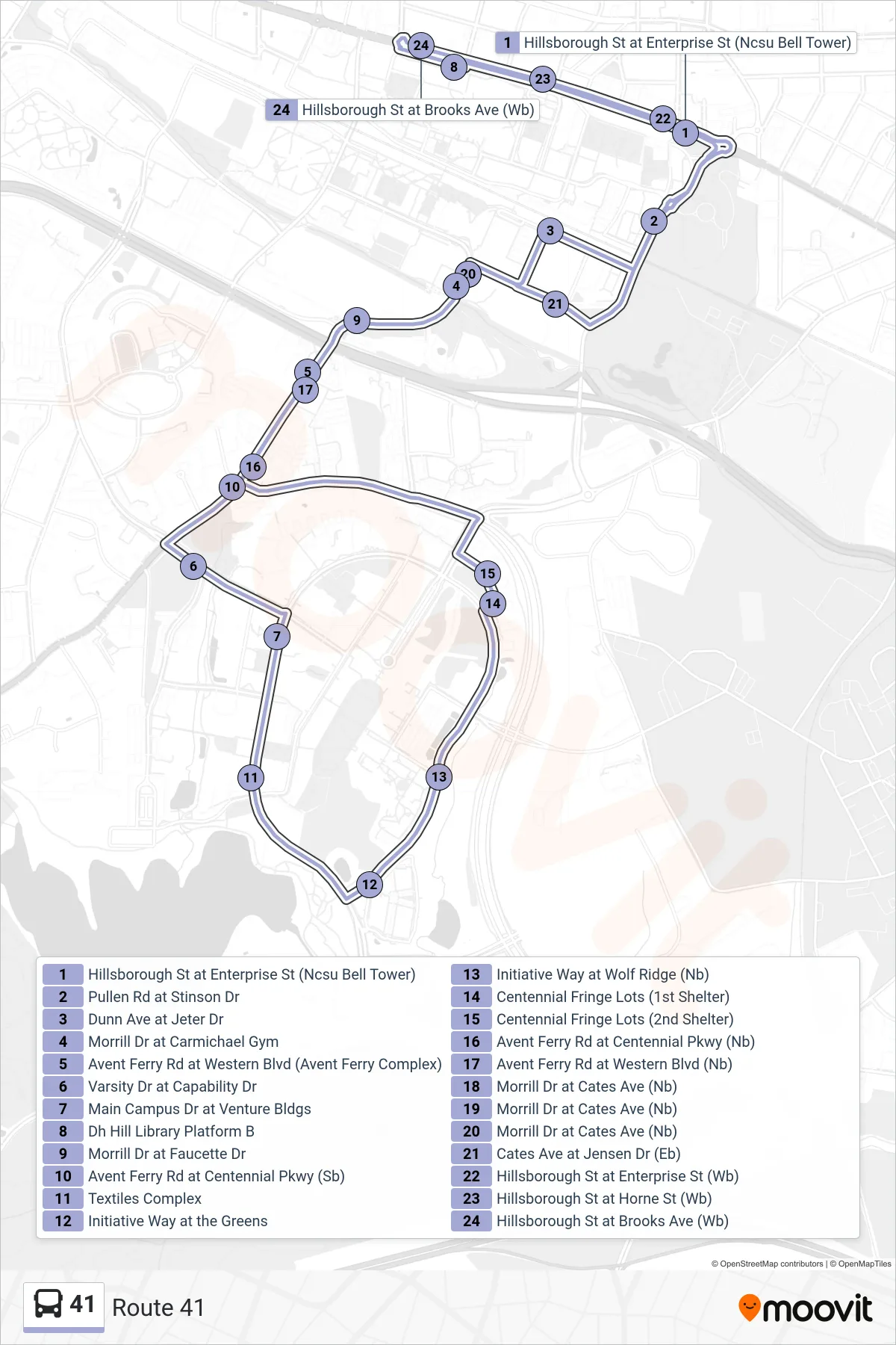 41 bus Line (Route 41) route and stops on a map
