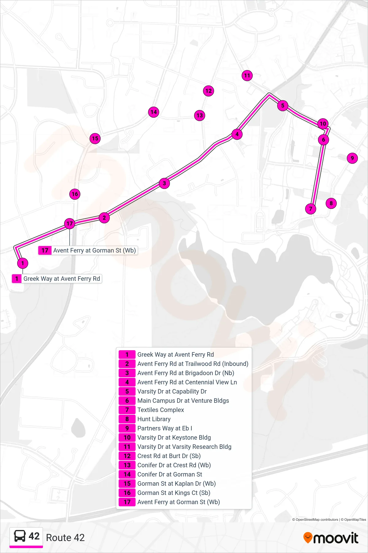 42 bus Line (Route 42) route and stops on a map