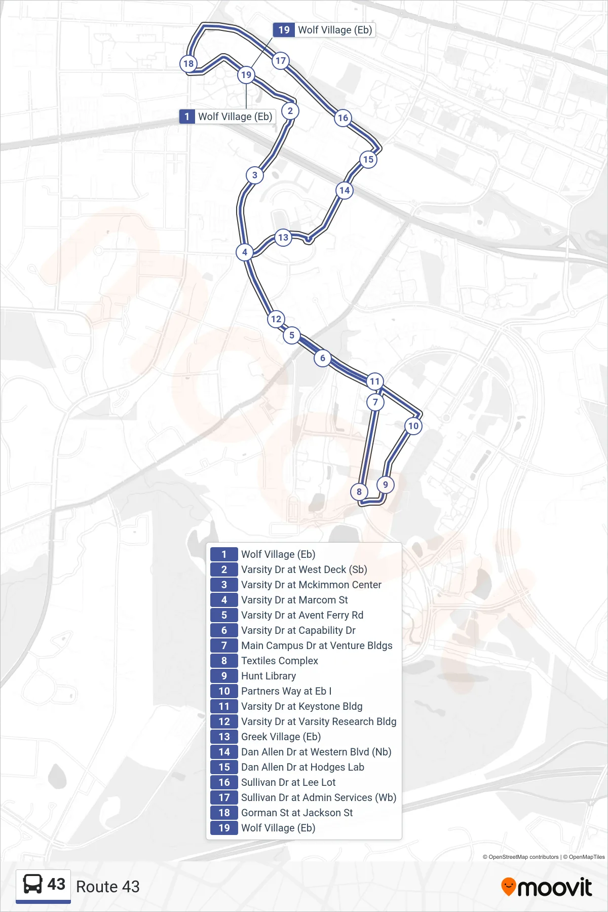 43 bus Line (Route 43) route and stops on a map