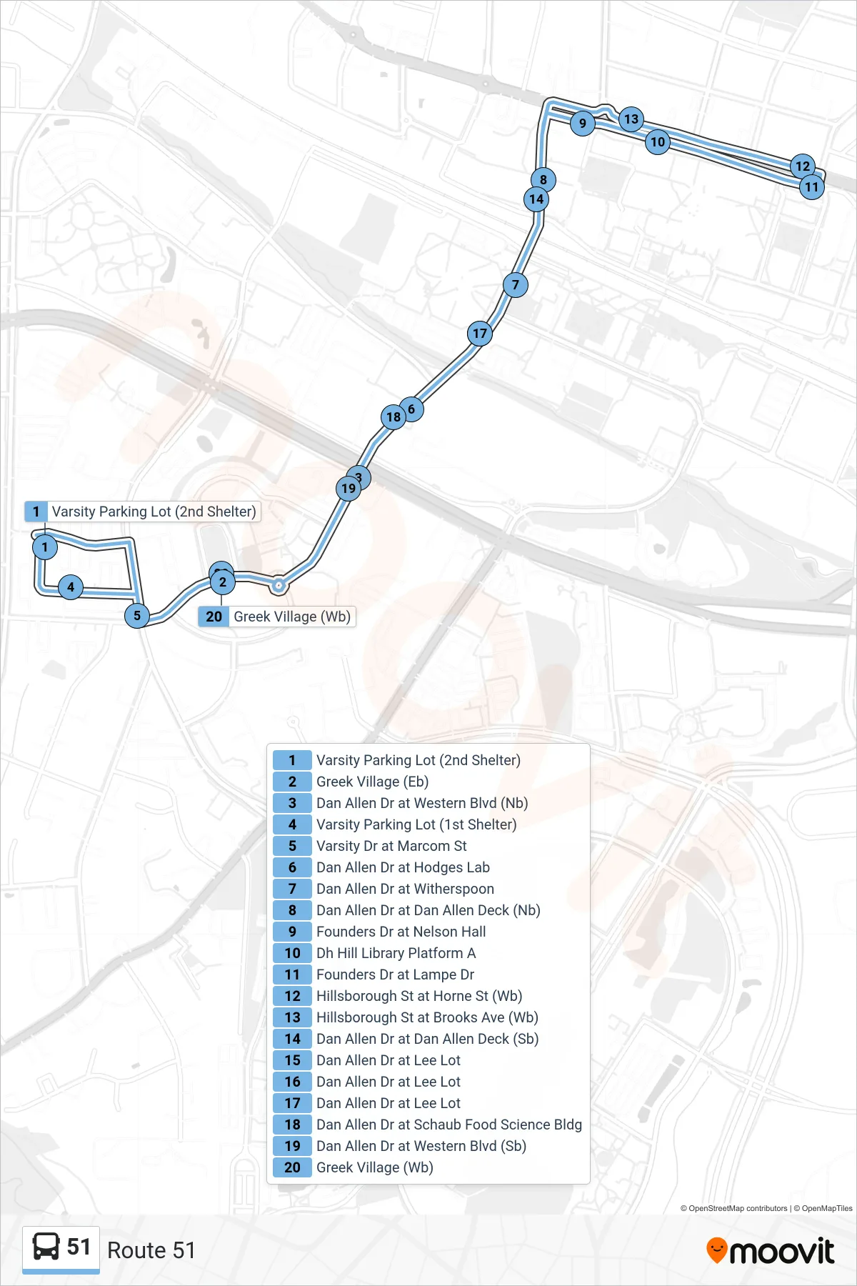 51 bus Line (Route 51) route and stops on a map