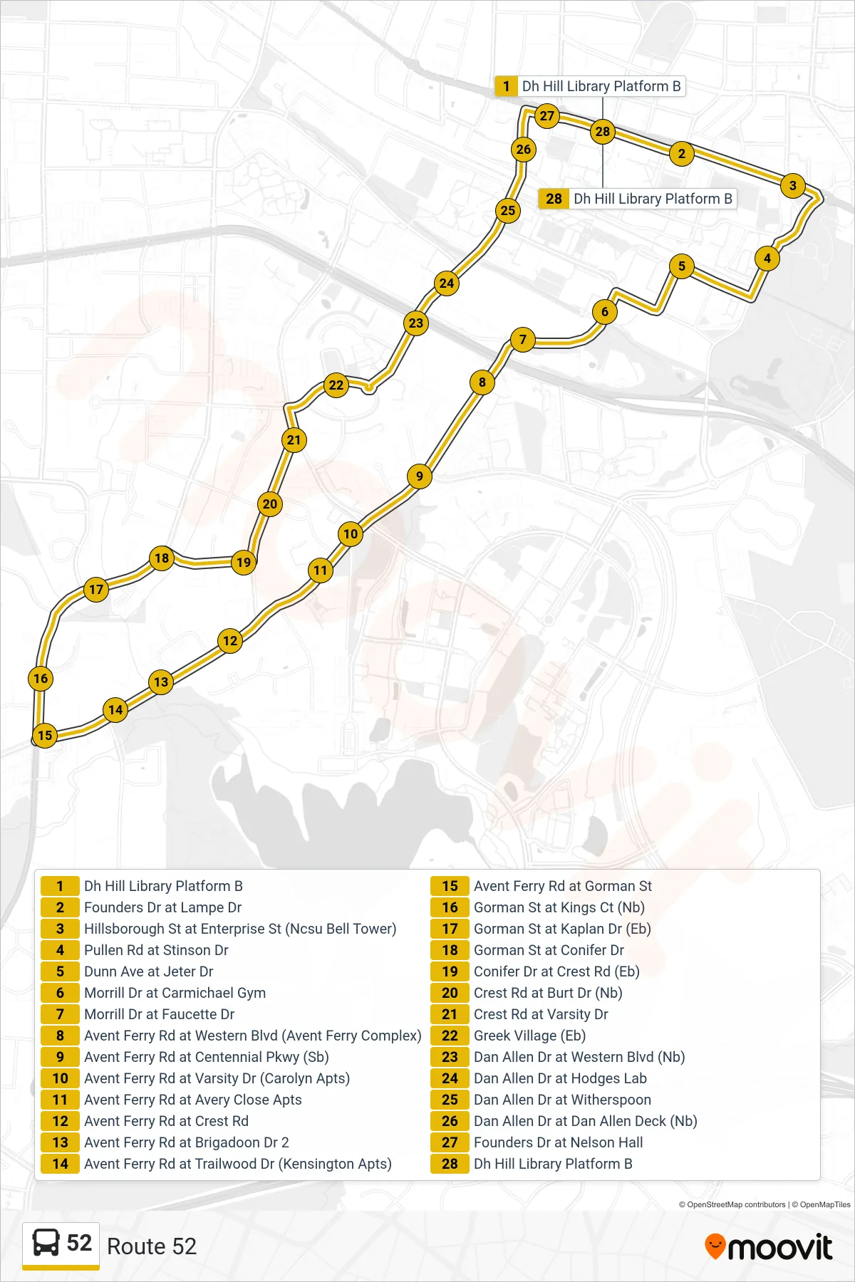 52 bus Line (Route 52) route and stops on a map