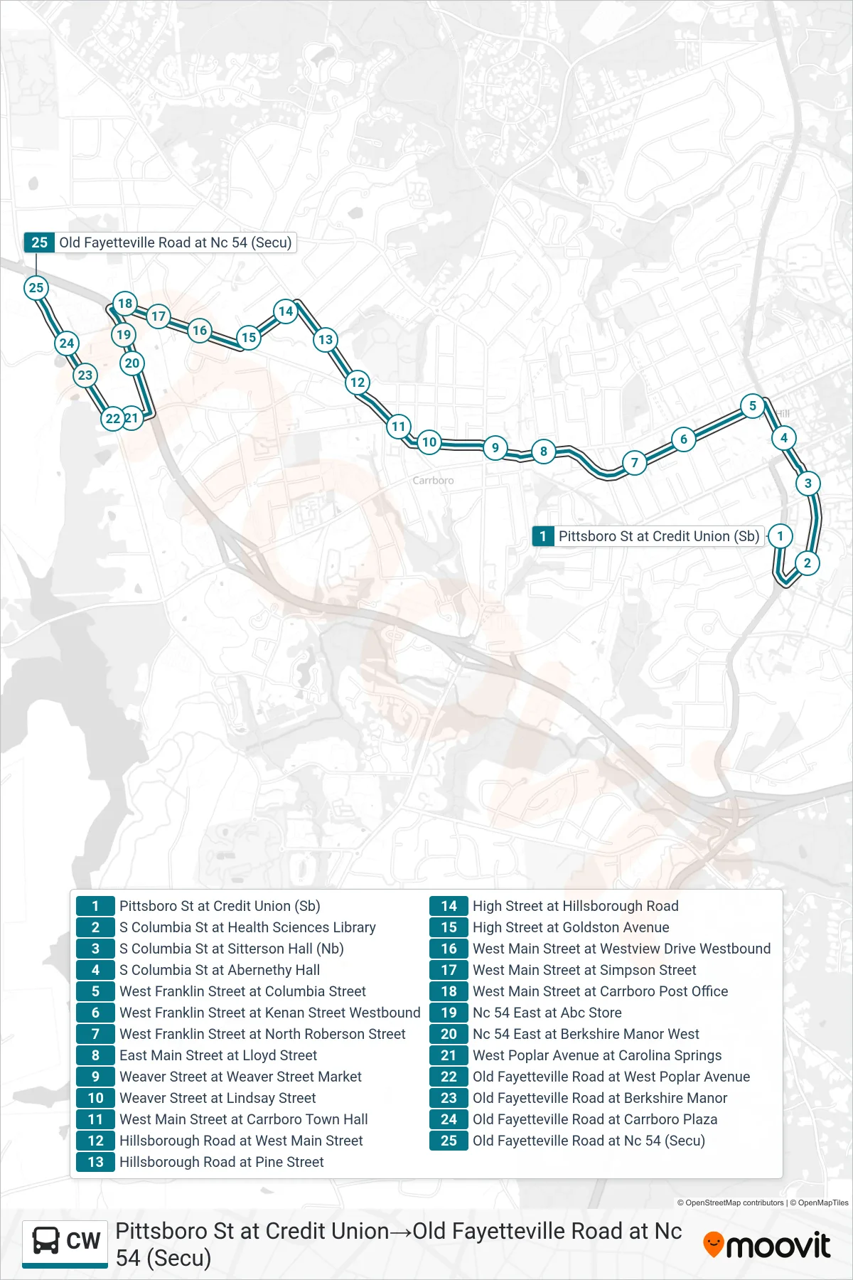 CW bus Line (Pittsboro St at Credit Union→Old Fayetteville Road at Nc 54 (Secu)) route and stops on a map