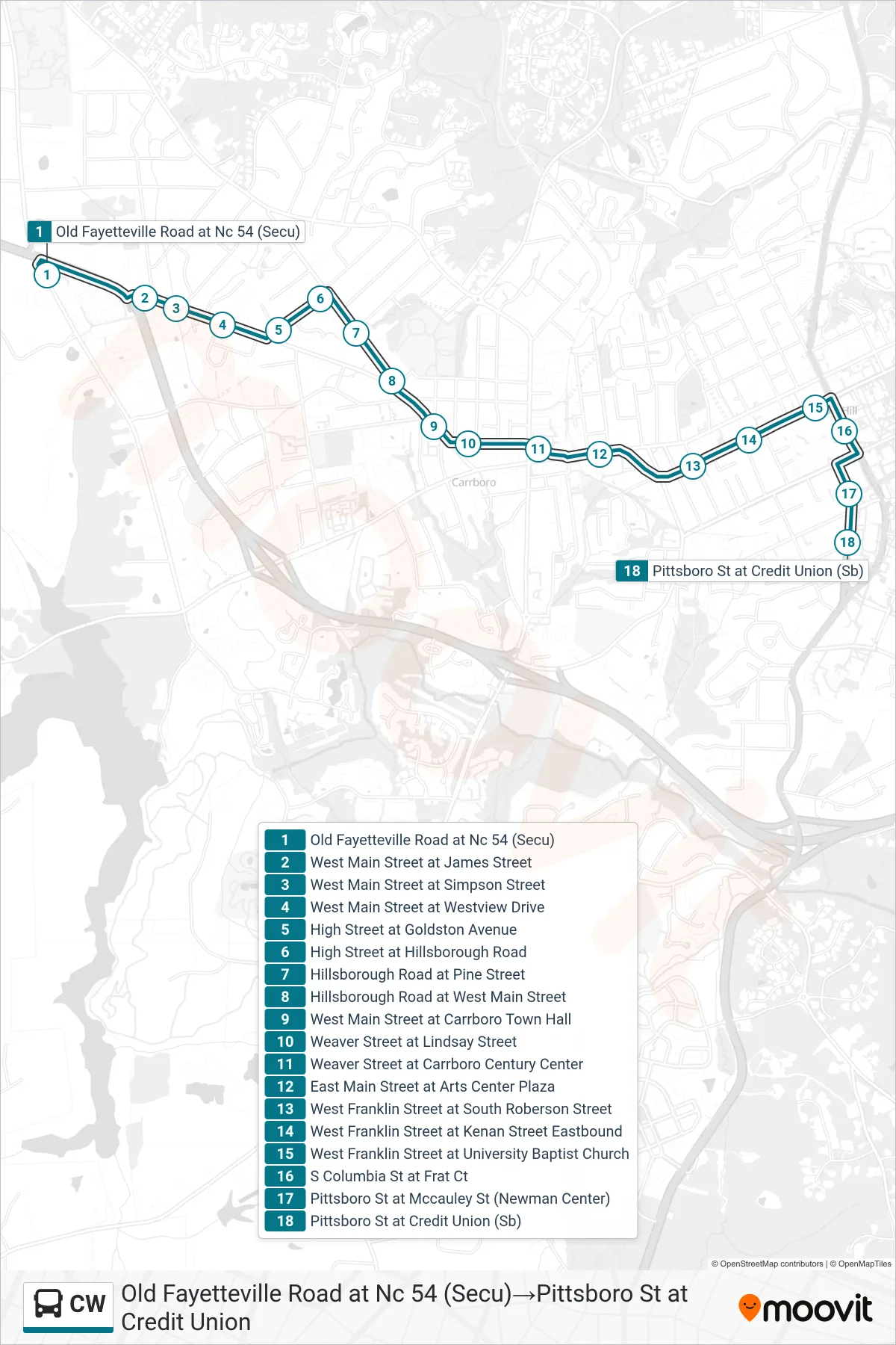 CW bus Line (Old Fayetteville Road at Nc 54 (Secu)→Pittsboro St at Credit Union) route and stops on a map