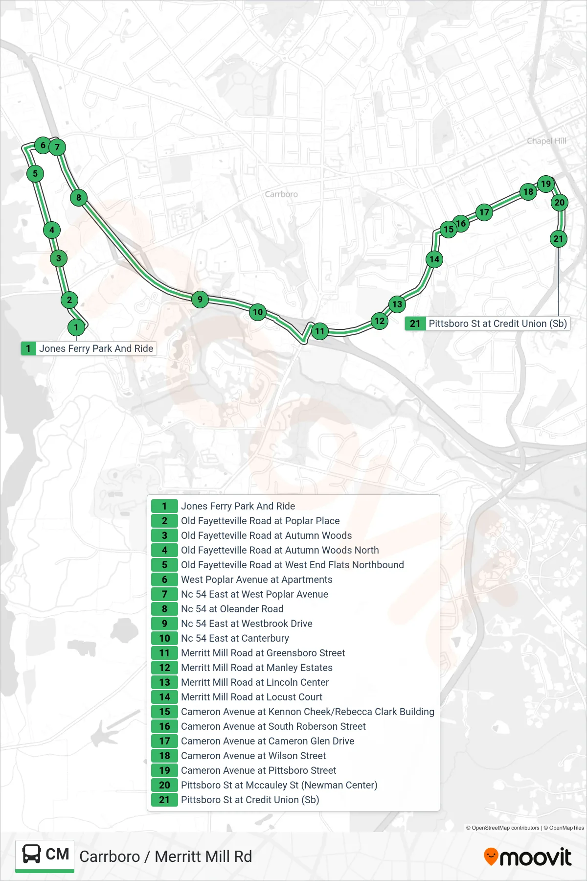 CM bus Line (Jones Ferry Park And Ride‎→Pittsboro St at Credit Union) route and stops on a map