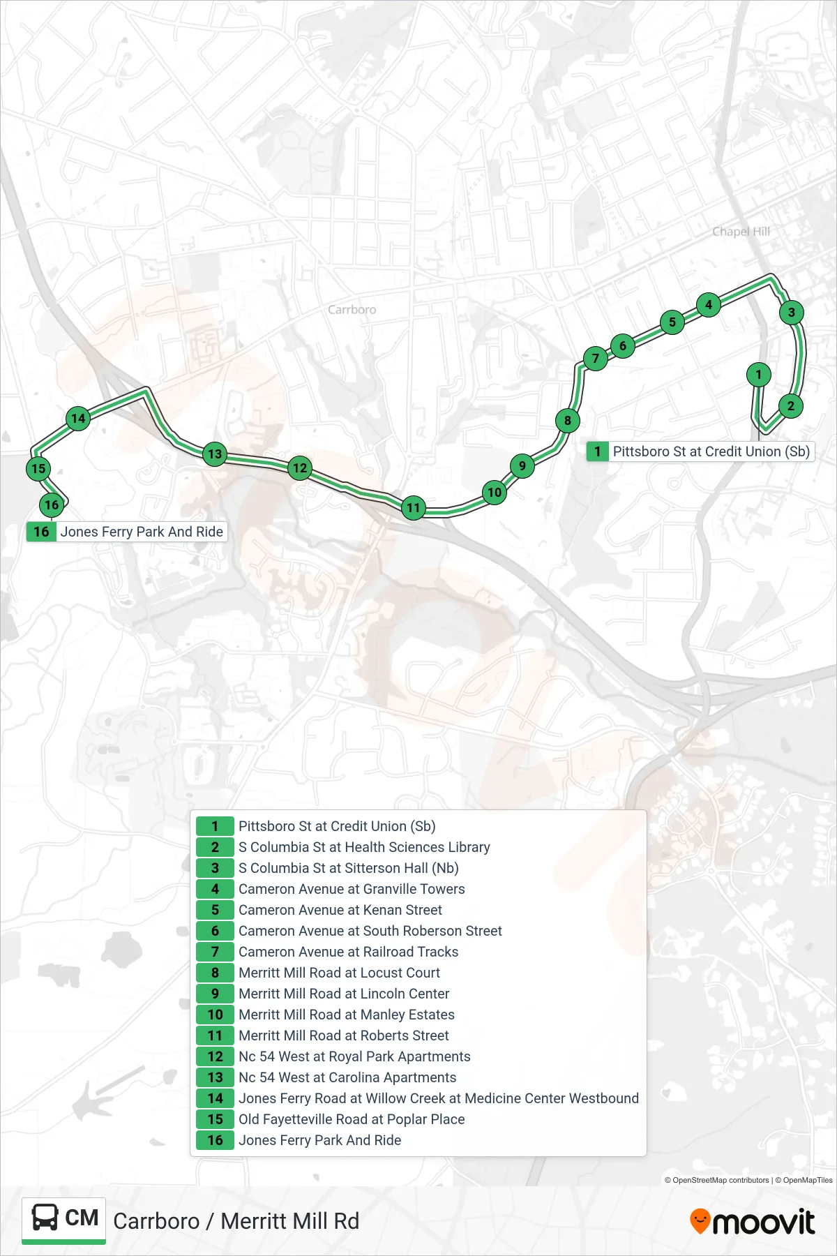 CM bus Line (Pittsboro St at Credit Union‎→Jones Ferry Park And Ride) route and stops on a map