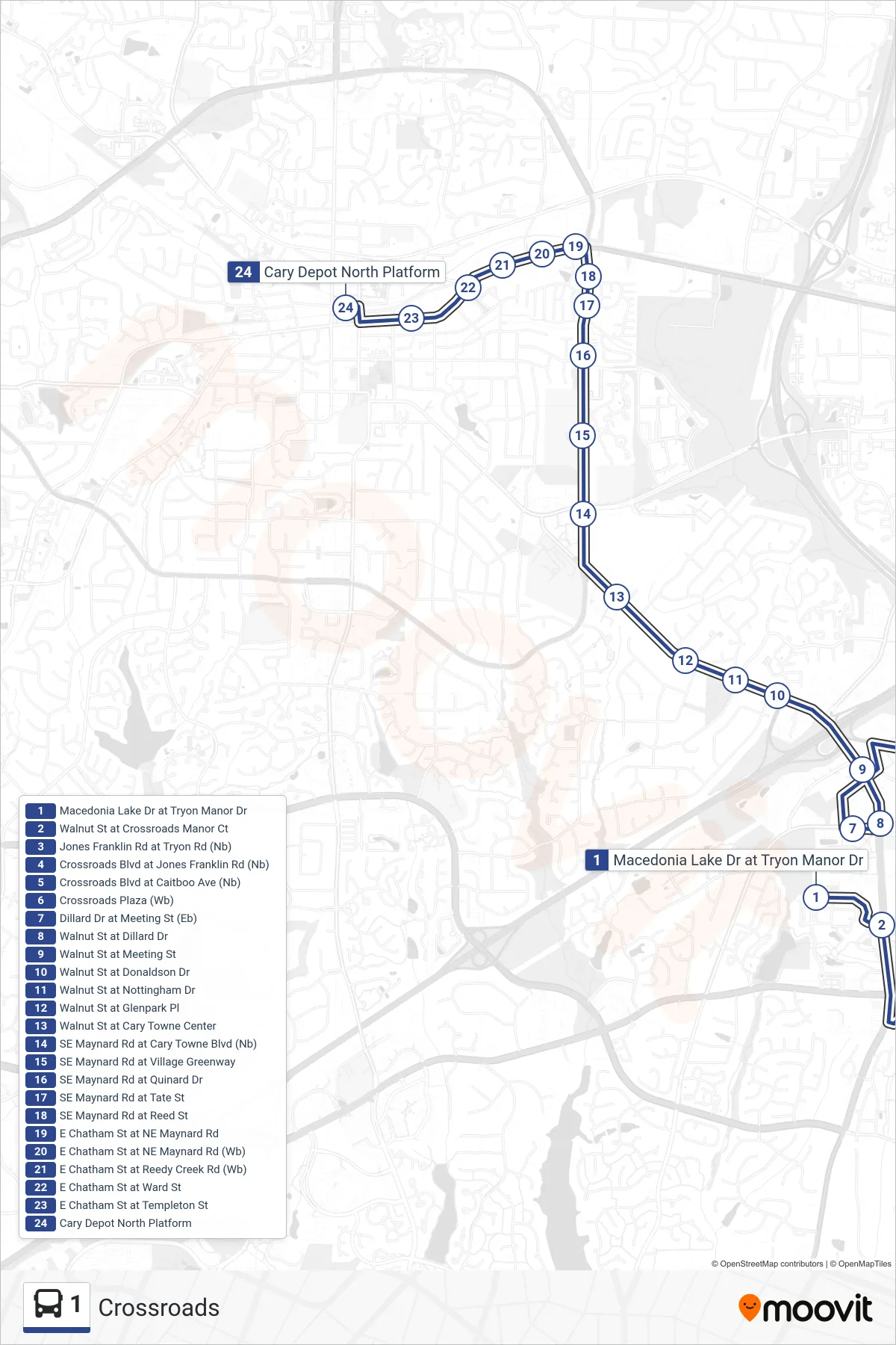 1 bus Line (Cary Depot Via Crossroads Plaza) route and stops on a map