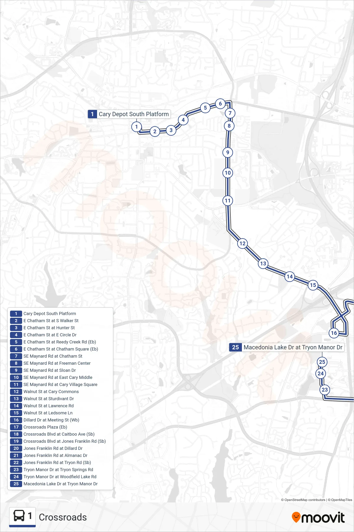 1 bus Line (Tryon/Walnut Via Crossroads Plaza) route and stops on a map