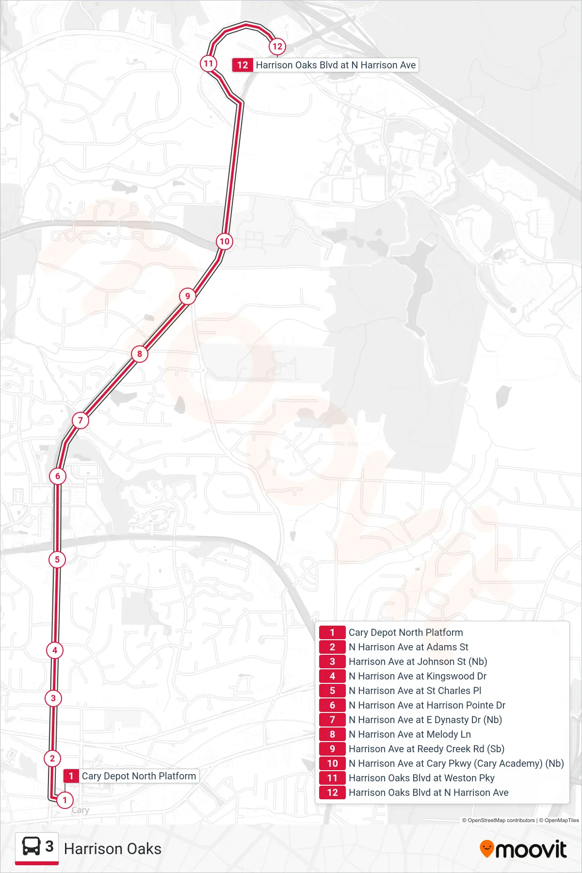3 bus Line (Harrison Oaks) route and stops on a map