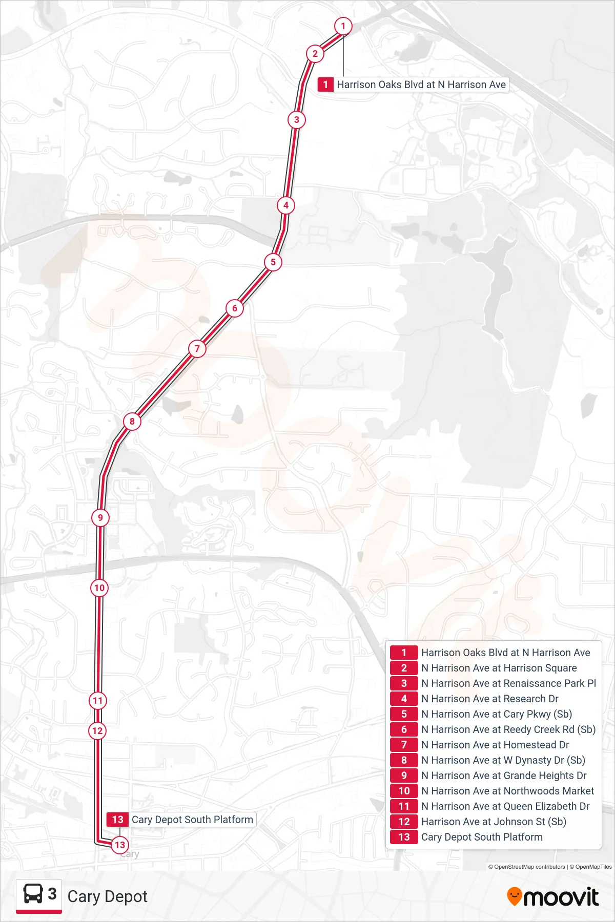 3 bus Line (Cary Depot) route and stops on a map