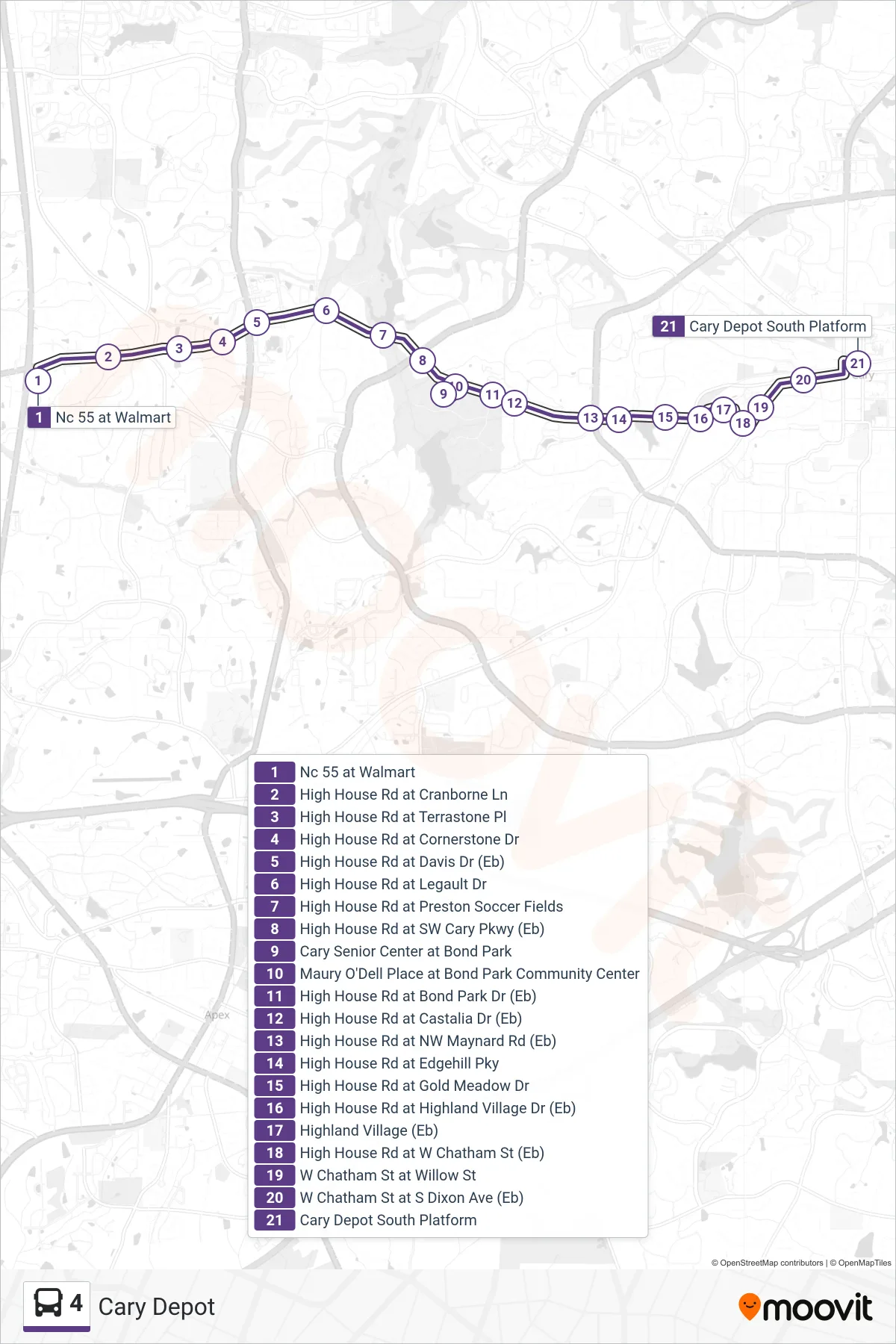 4 bus Line (Cary Depot) route and stops on a map