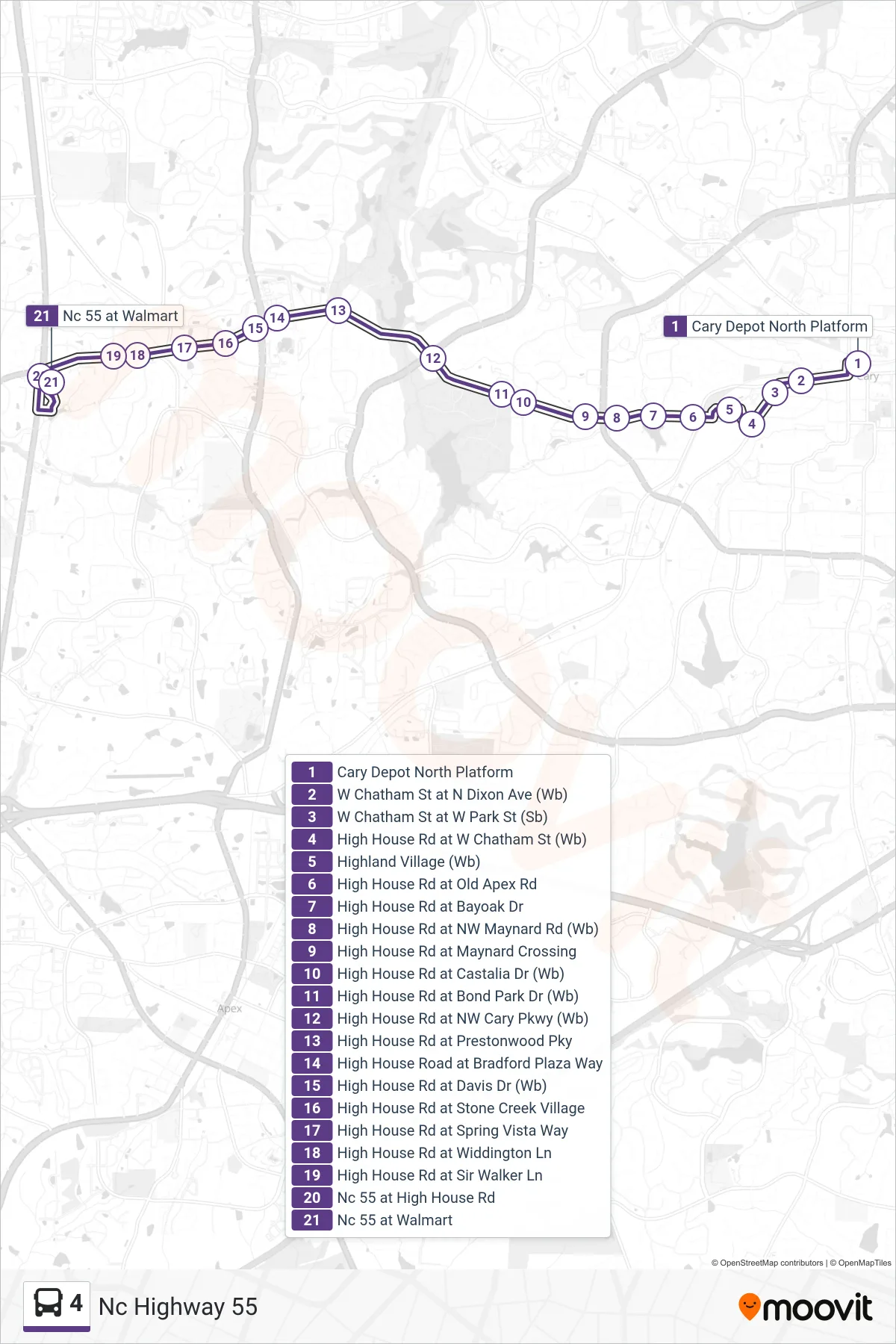 4 bus Line (Nc Highway 55) route and stops on a map