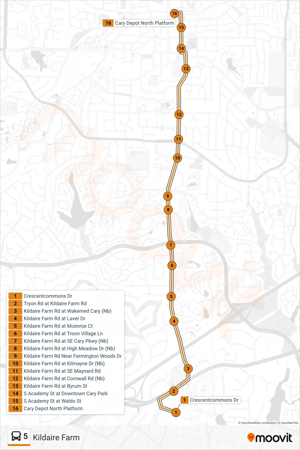 5 bus Line (Cary Depot) route and stops on a map