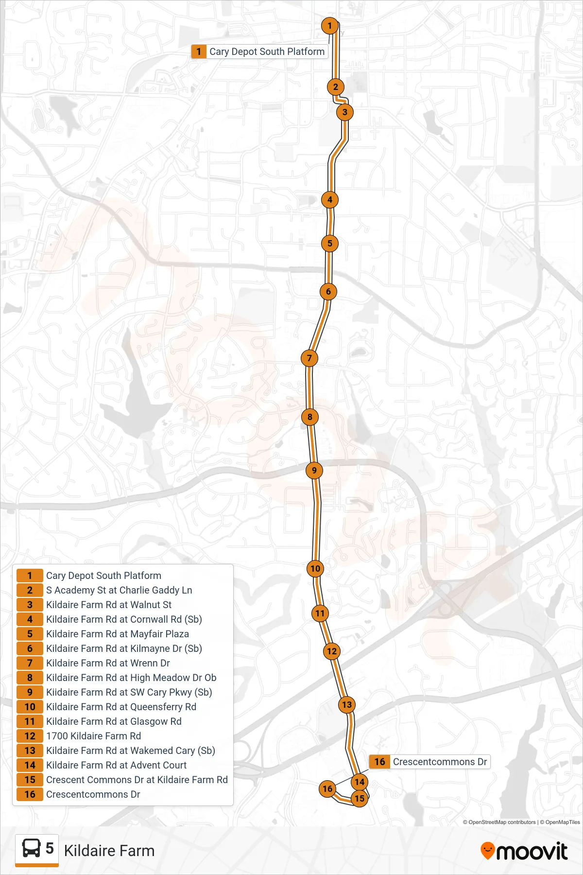 5 bus Line (Crescent Commons) route and stops on a map