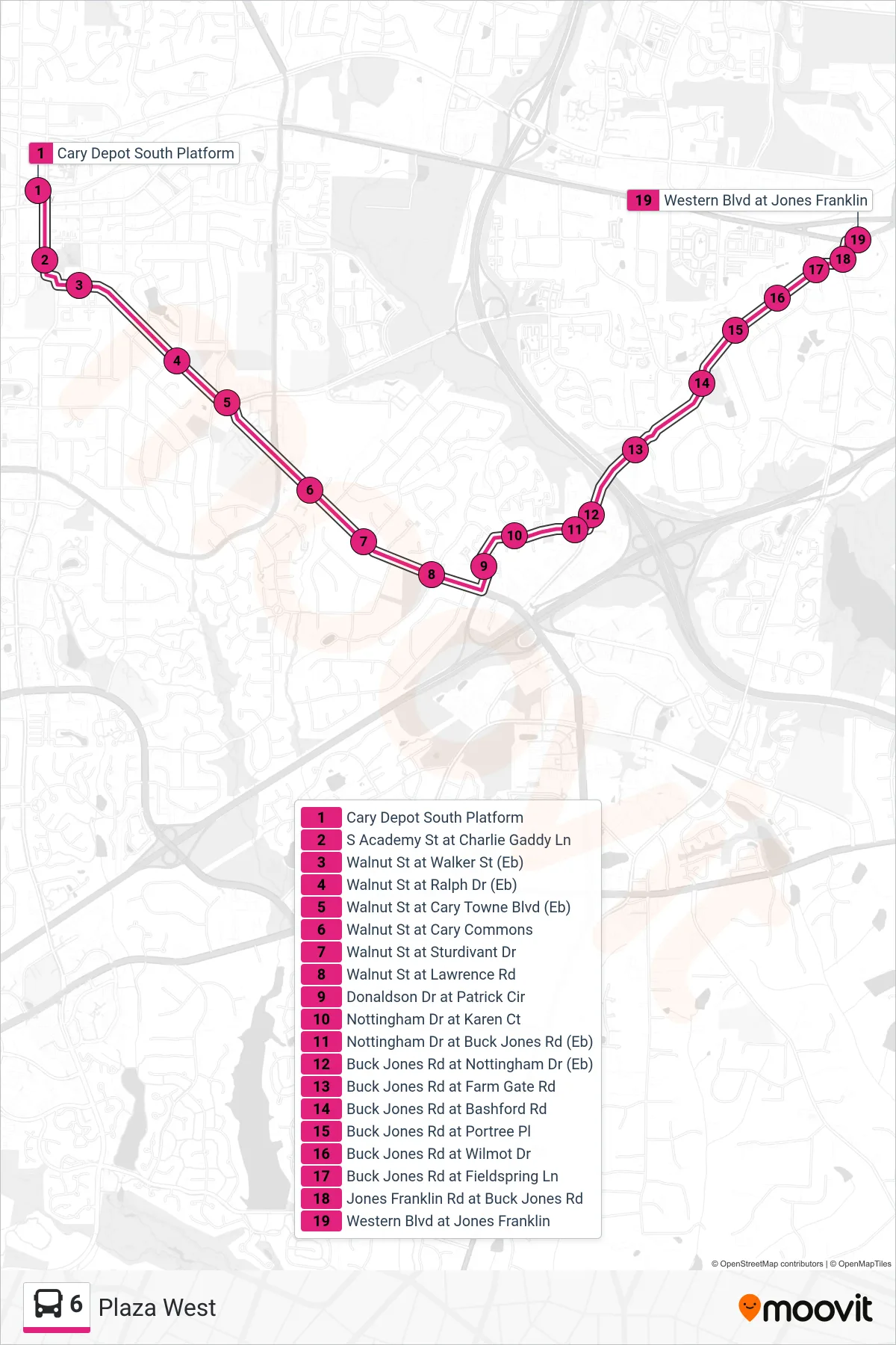 6 bus Line (Plaza West) route and stops on a map