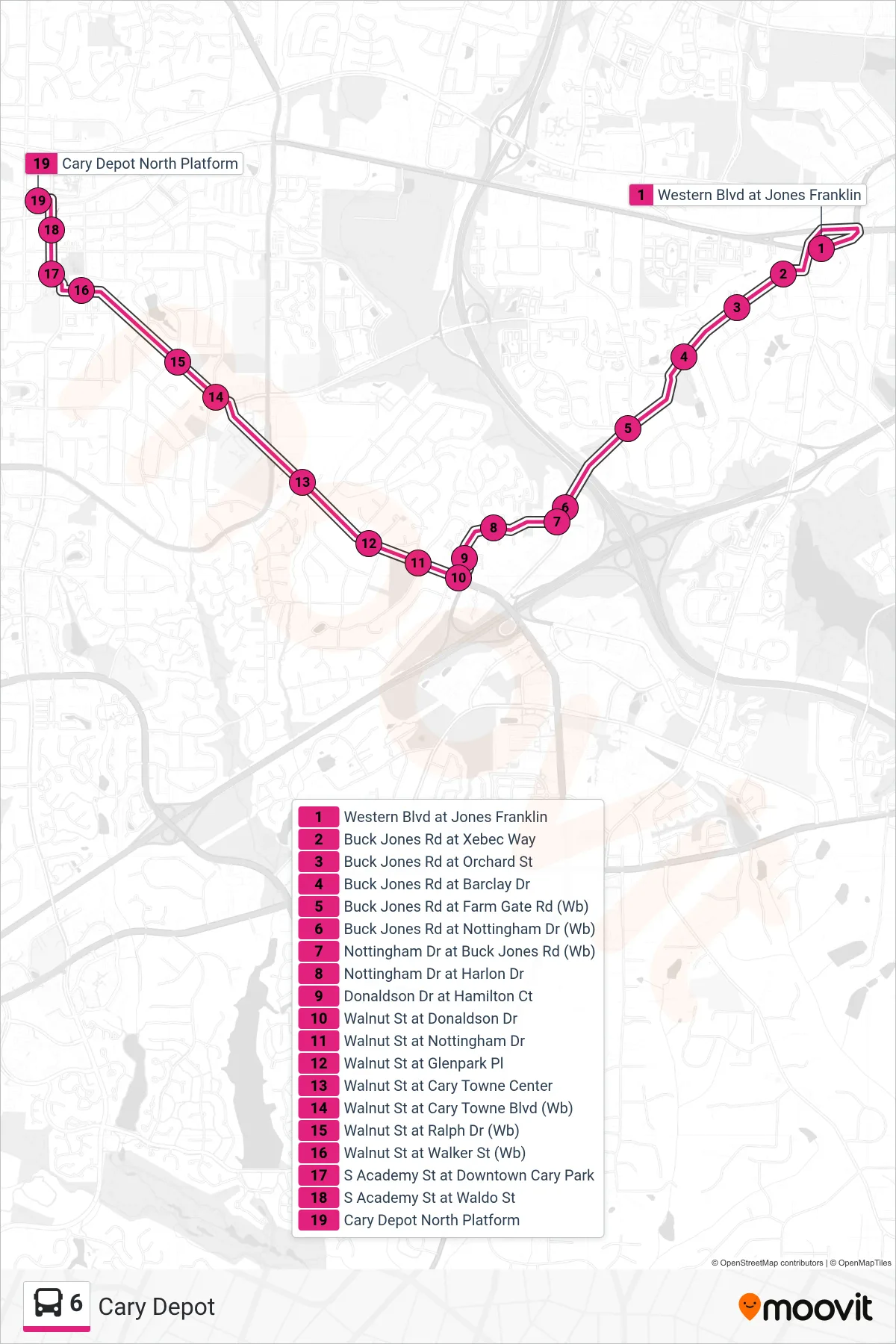 6 bus Line (Cary Depot) route and stops on a map