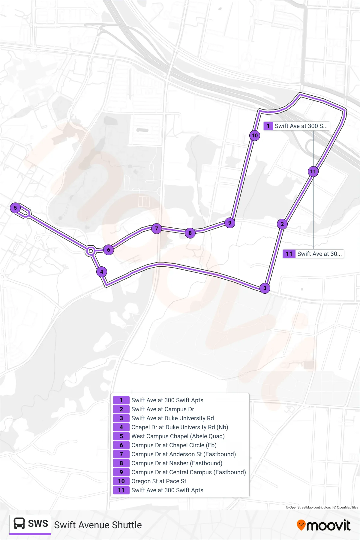 SWS bus Line (Swift Ave at 300 Swift Apts) route and stops on a map