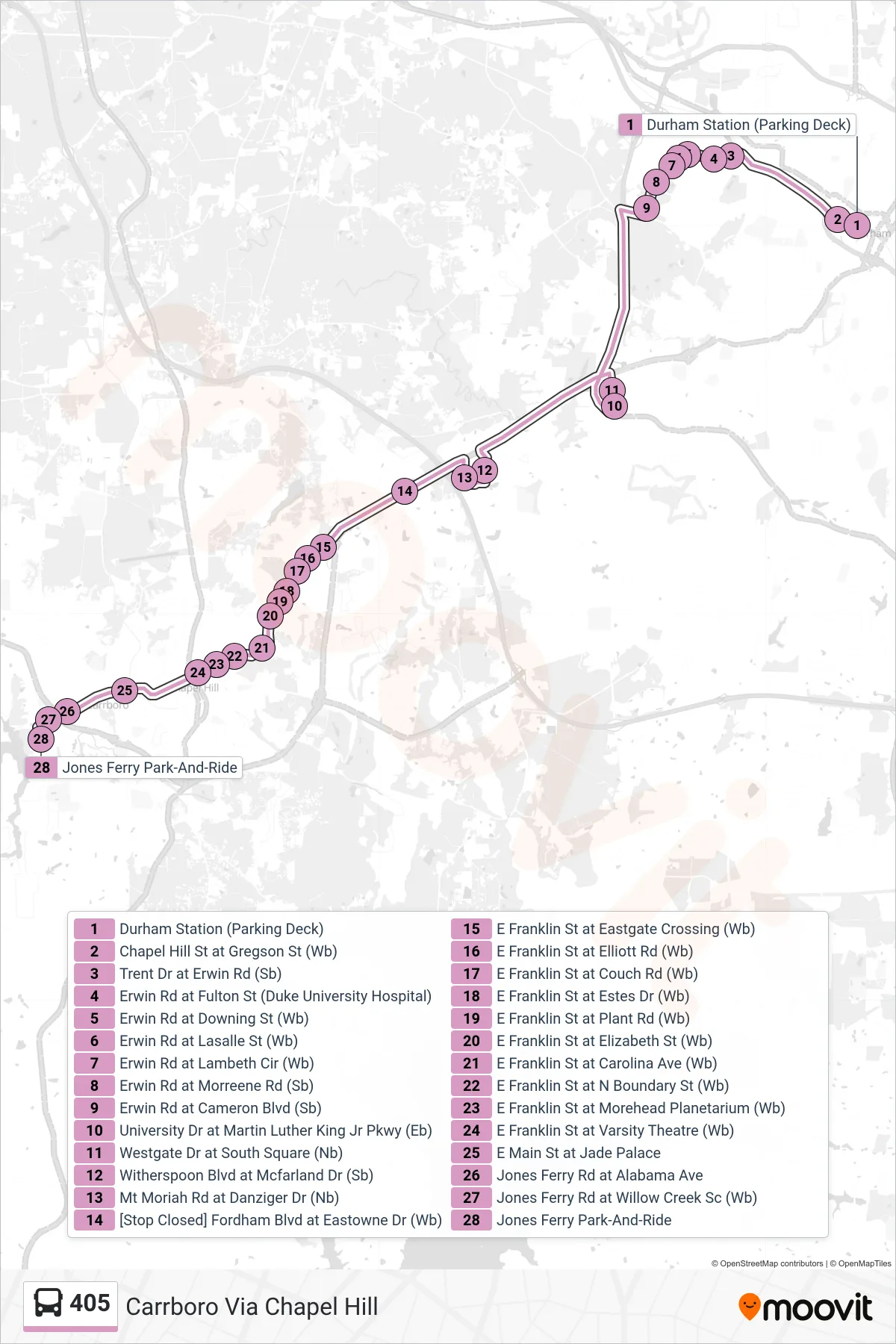 405 bus Line (Carrboro Via Chapel Hill) route and stops on a map