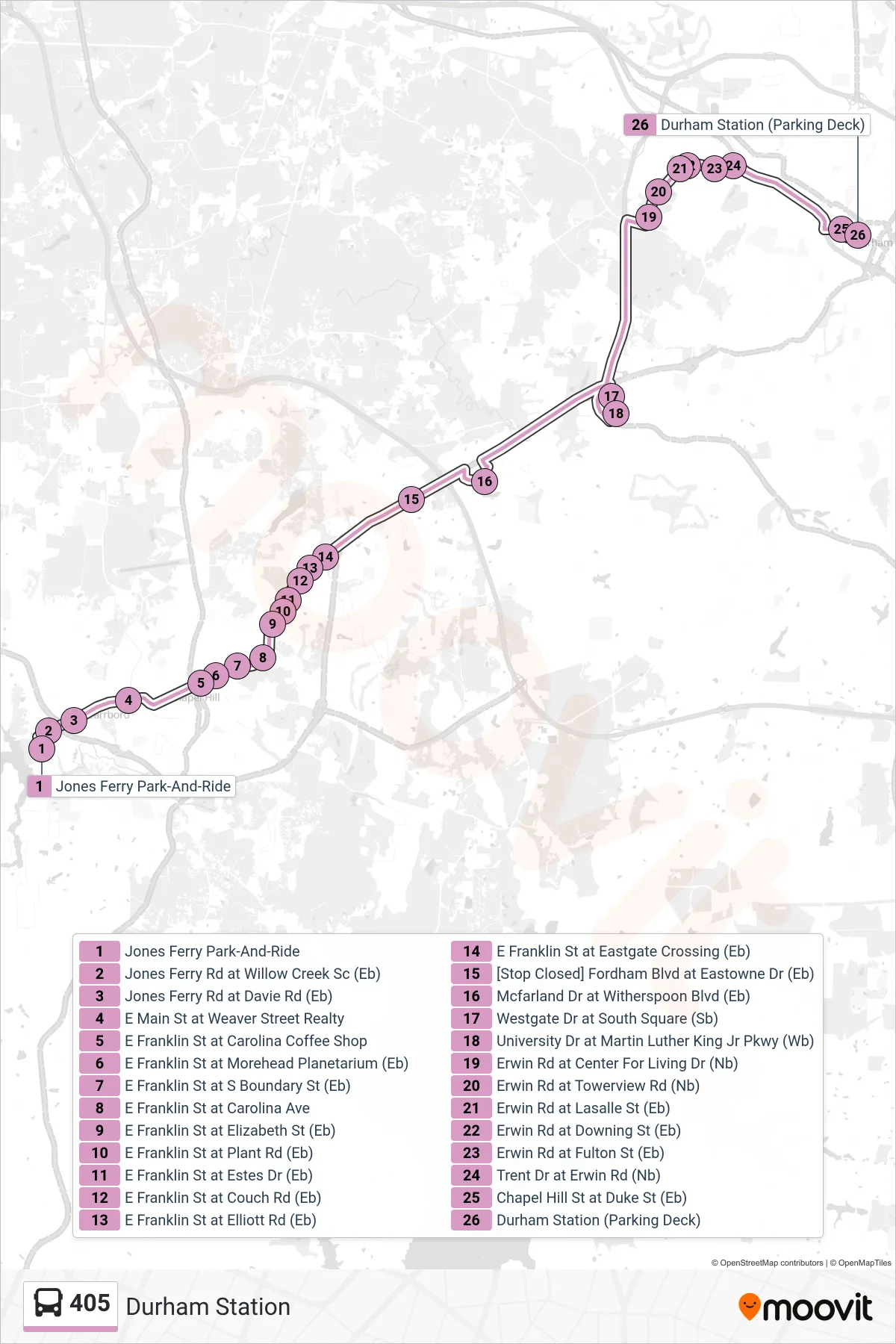 405 bus Line (Durham Station) route and stops on a map