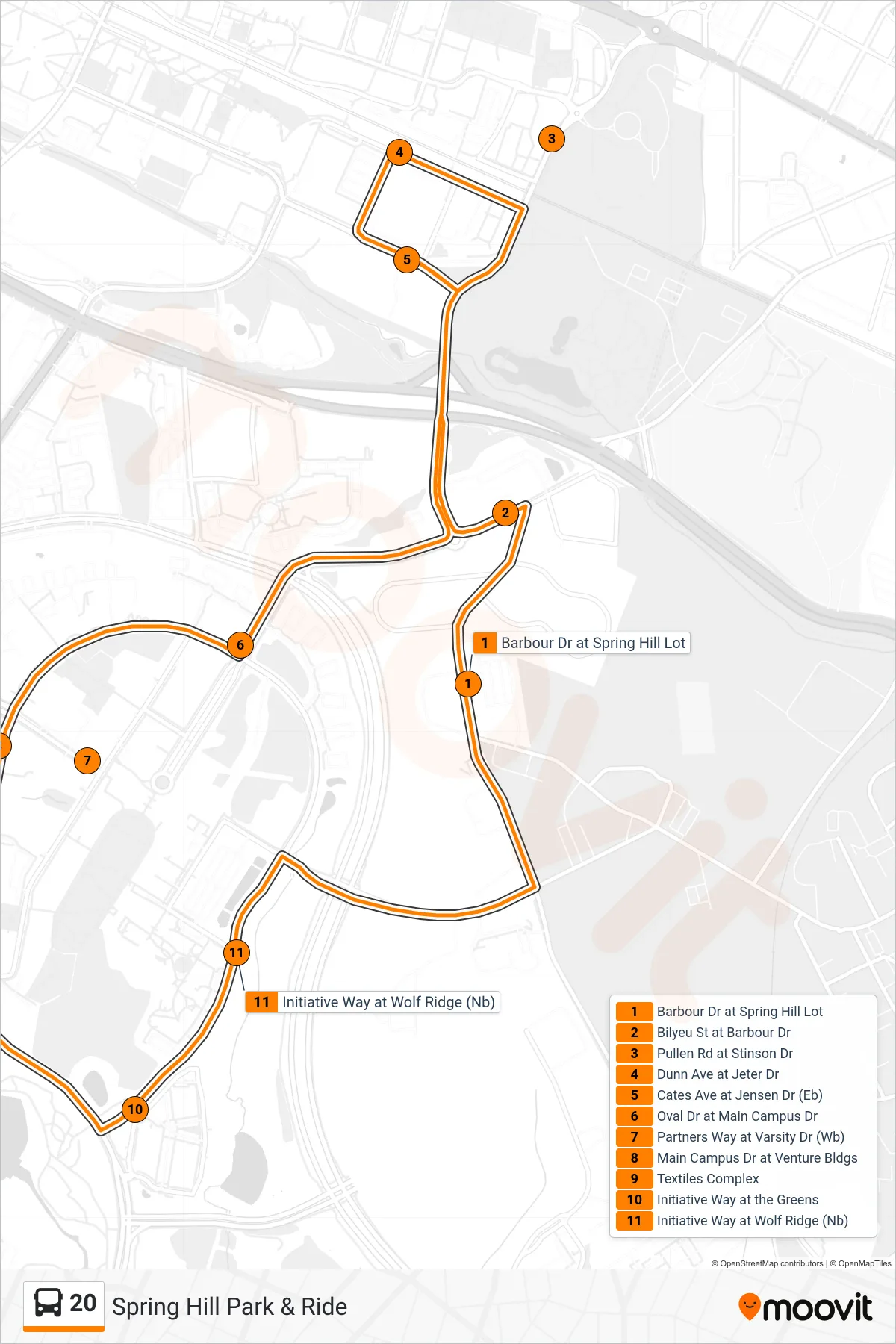 20 bus Line (Route 20) route and stops on a map