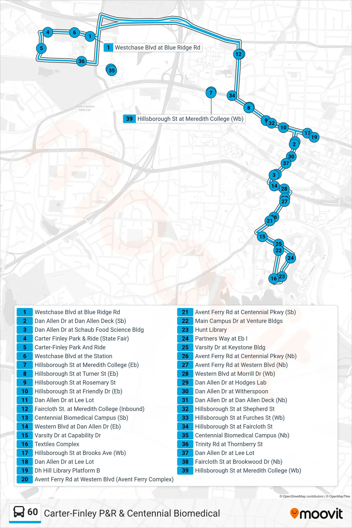 60 bus Line (Route 60) route and stops on a map