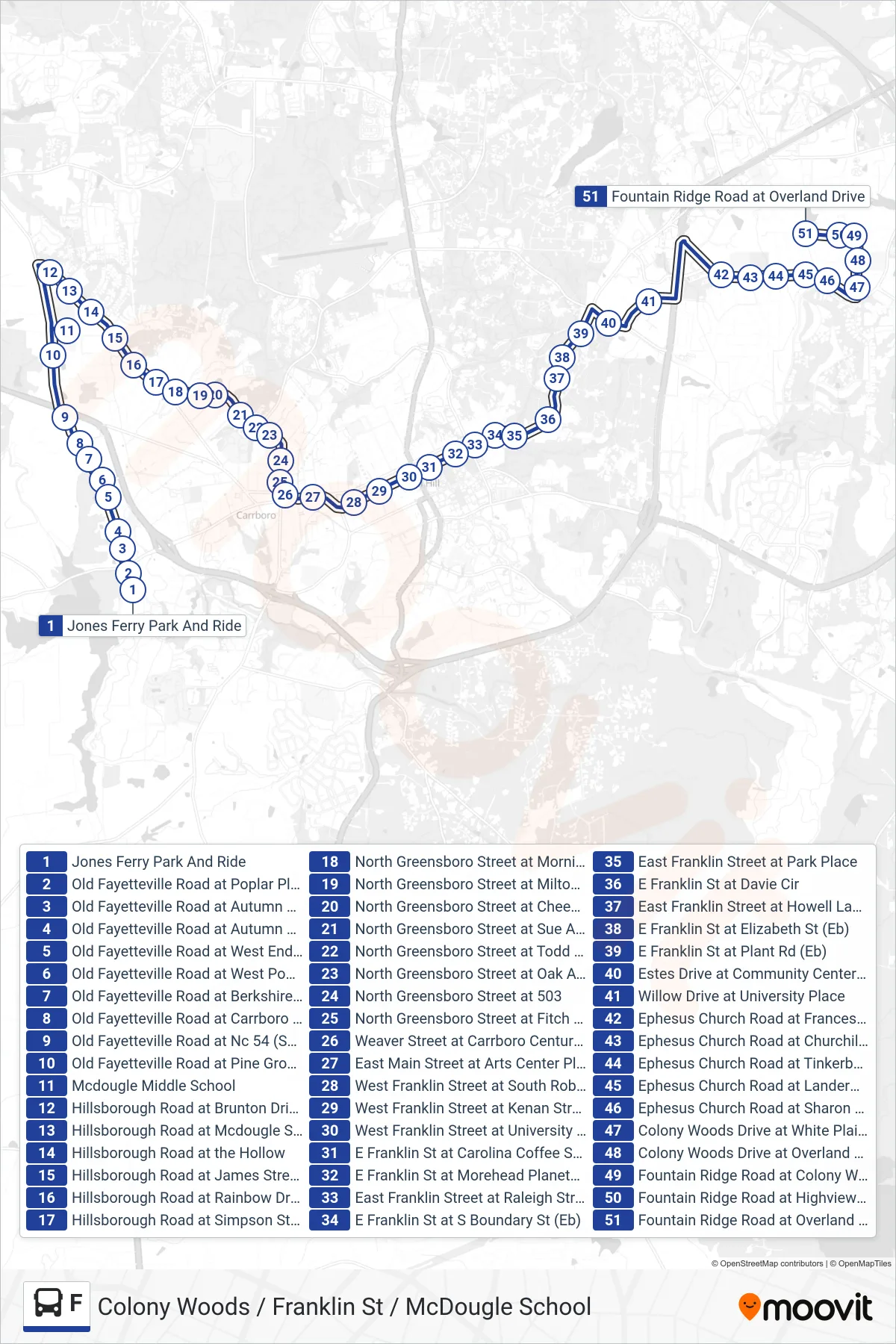 F bus Line (Jones Ferry Park And Ride‎→Fountain Ridge Road at Overland Drive) route and stops on a map