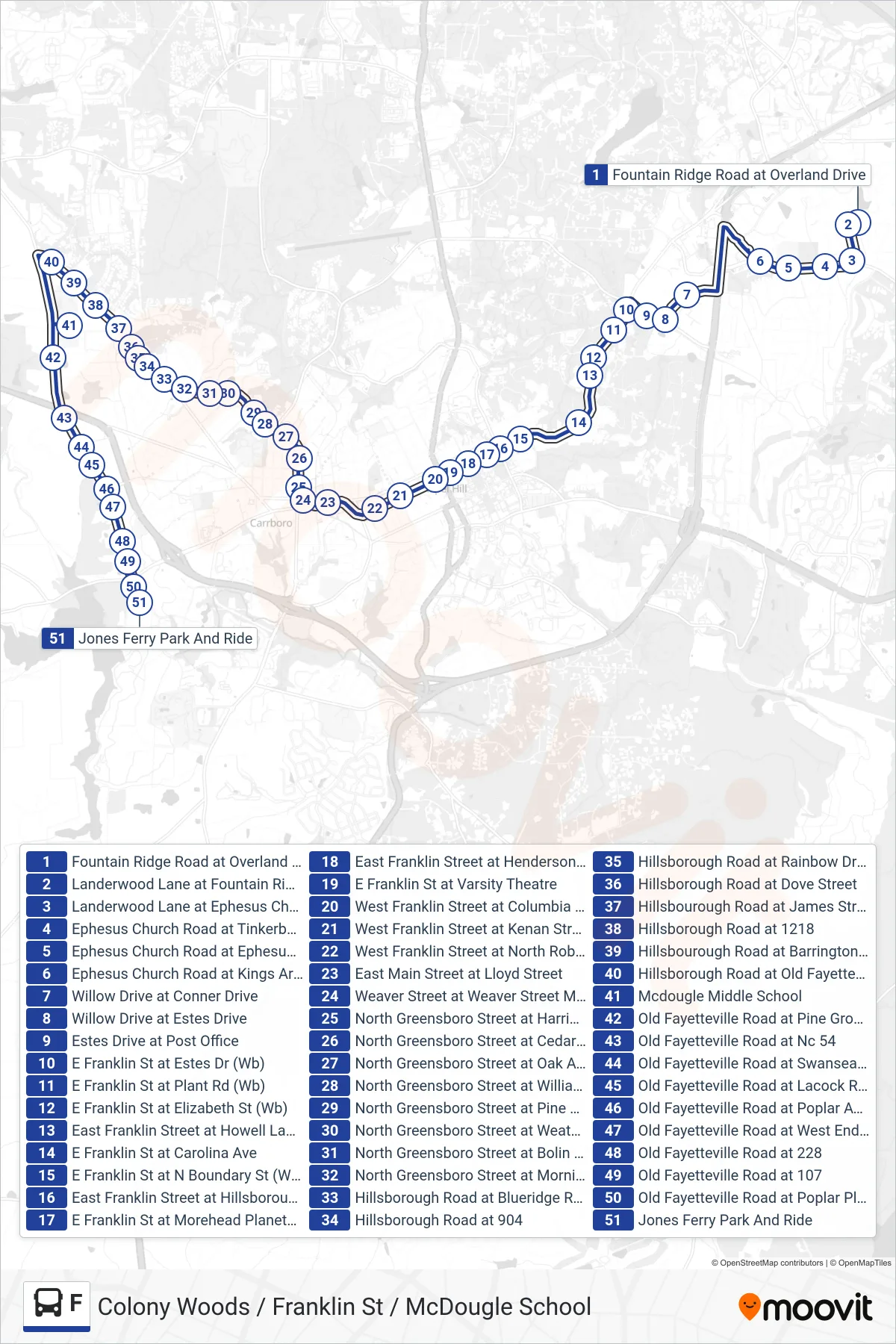 F bus Line (Fountain Ridge Road at Overland Drive→Jones Ferry Park And Ride) route and stops on a map