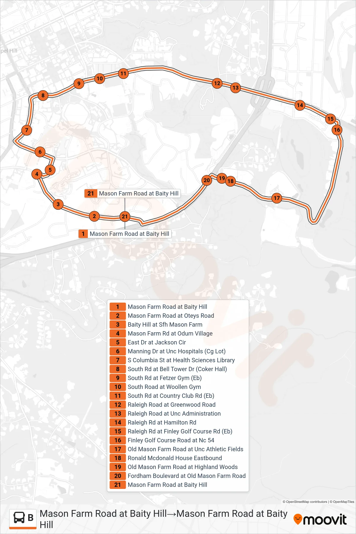 B bus Line (Mason Farm Road at Baity Hill→Mason Farm Road at Baity Hill) route and stops on a map