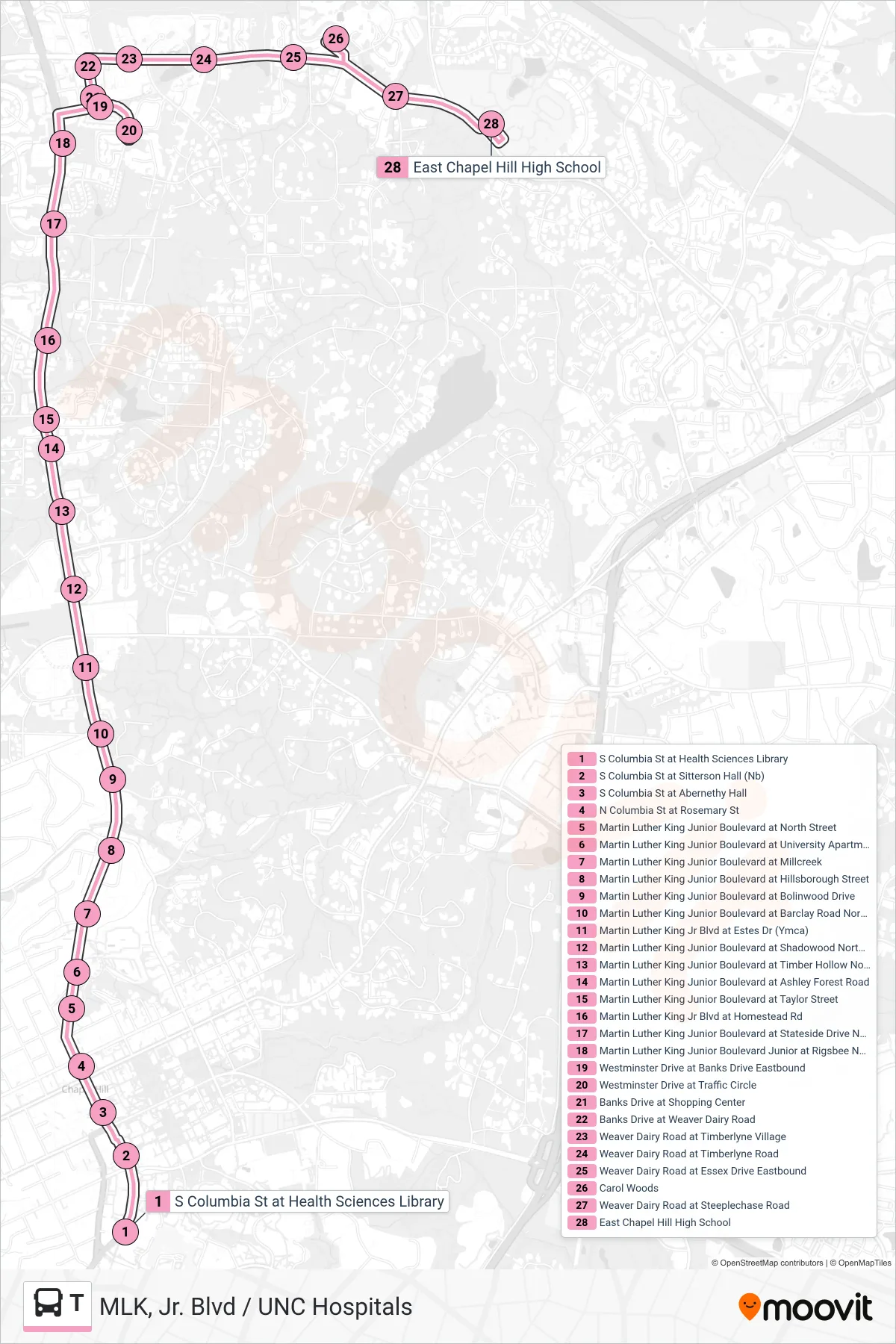 T bus Line (South Columbia Street at Health Sciences Library→East Chapel Hill High School) route and stops on a map