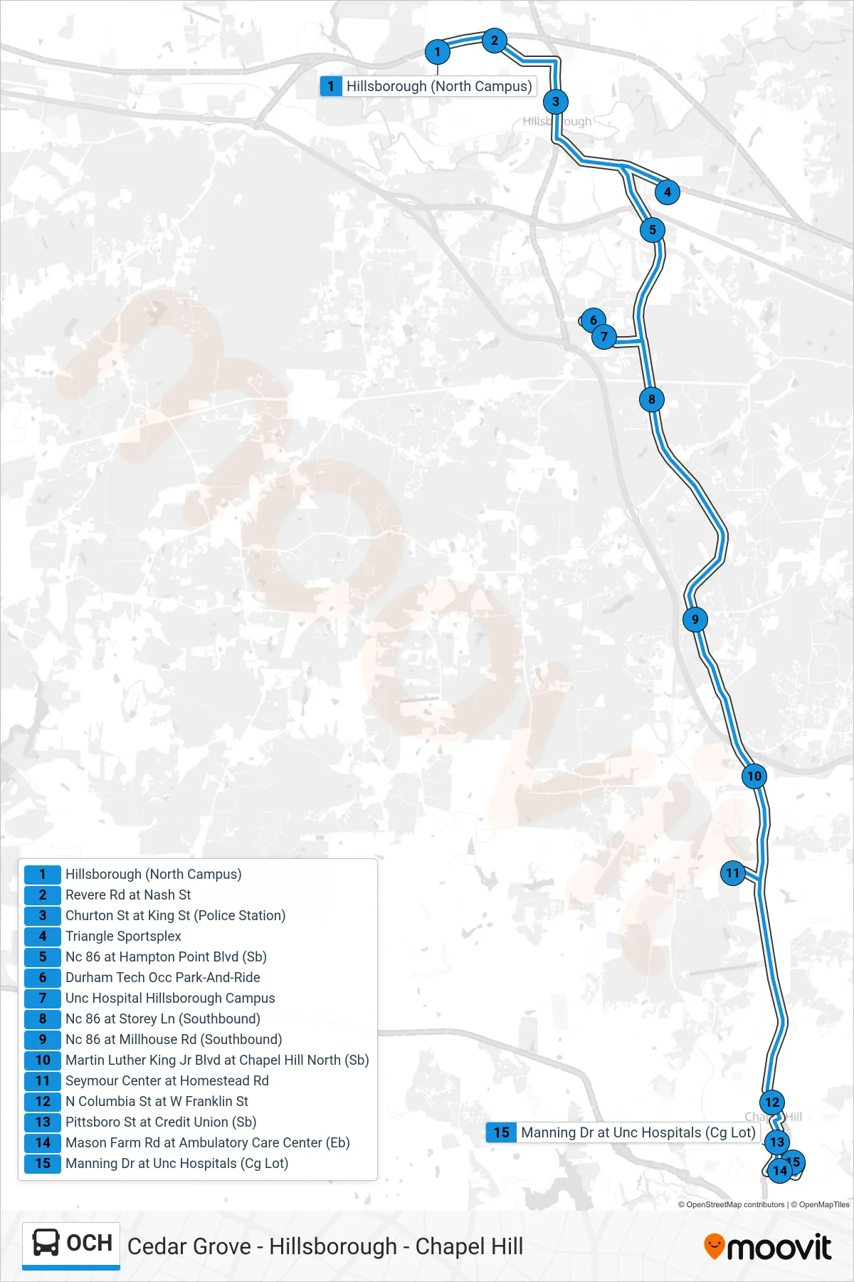 OCH bus Line (Cedar Grove - Hillsborough - Chapel Hill) route and stops on a map